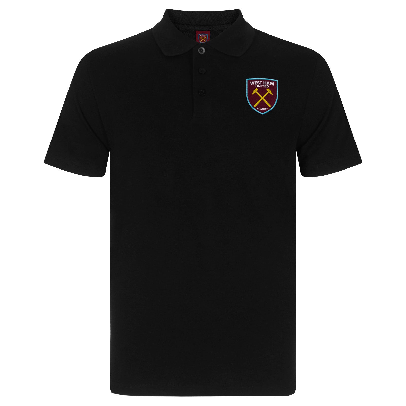 West Ham adults polo shirt in black with WHUFC badge and text to chest.