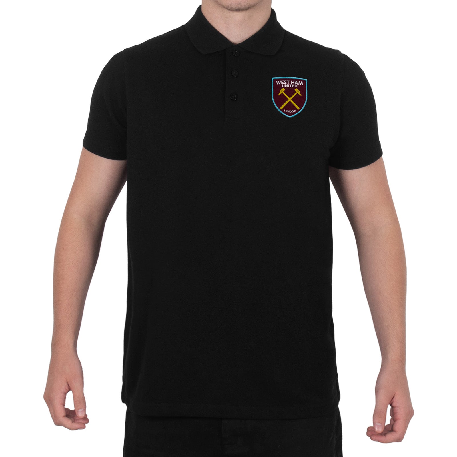 West Ham adults polo shirt in black with WHUFC badge and text to chest.