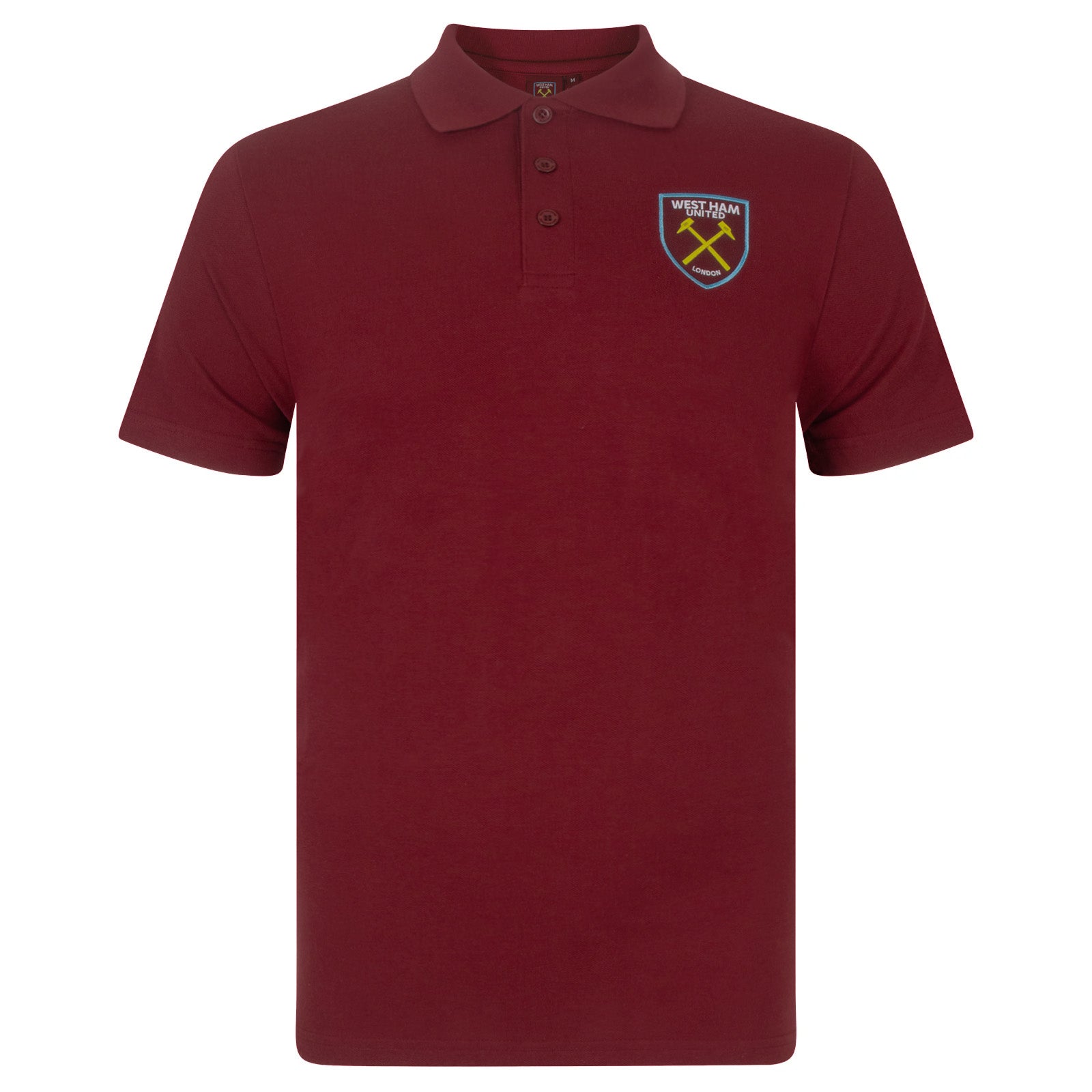 West Ham adults polo shirt in claret with WHUFC badge and text to chest.