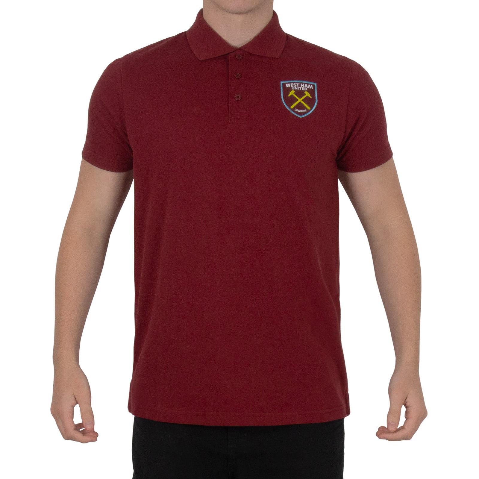 West Ham adults polo shirt in claret with WHUFC badge and text to chest.