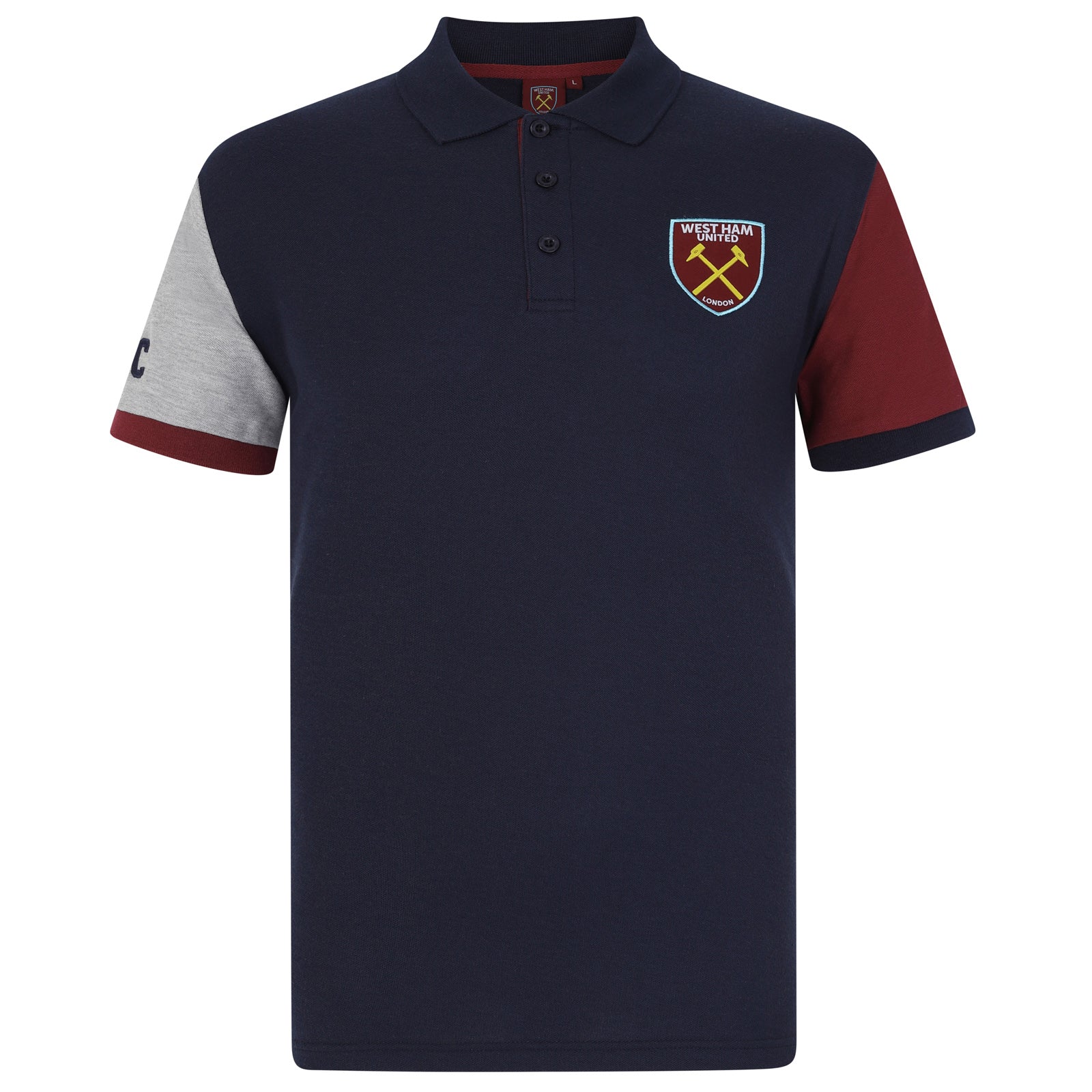 West Ham adults polo shirt in navy with contrast sleeve and WHUFC badge to the chest.