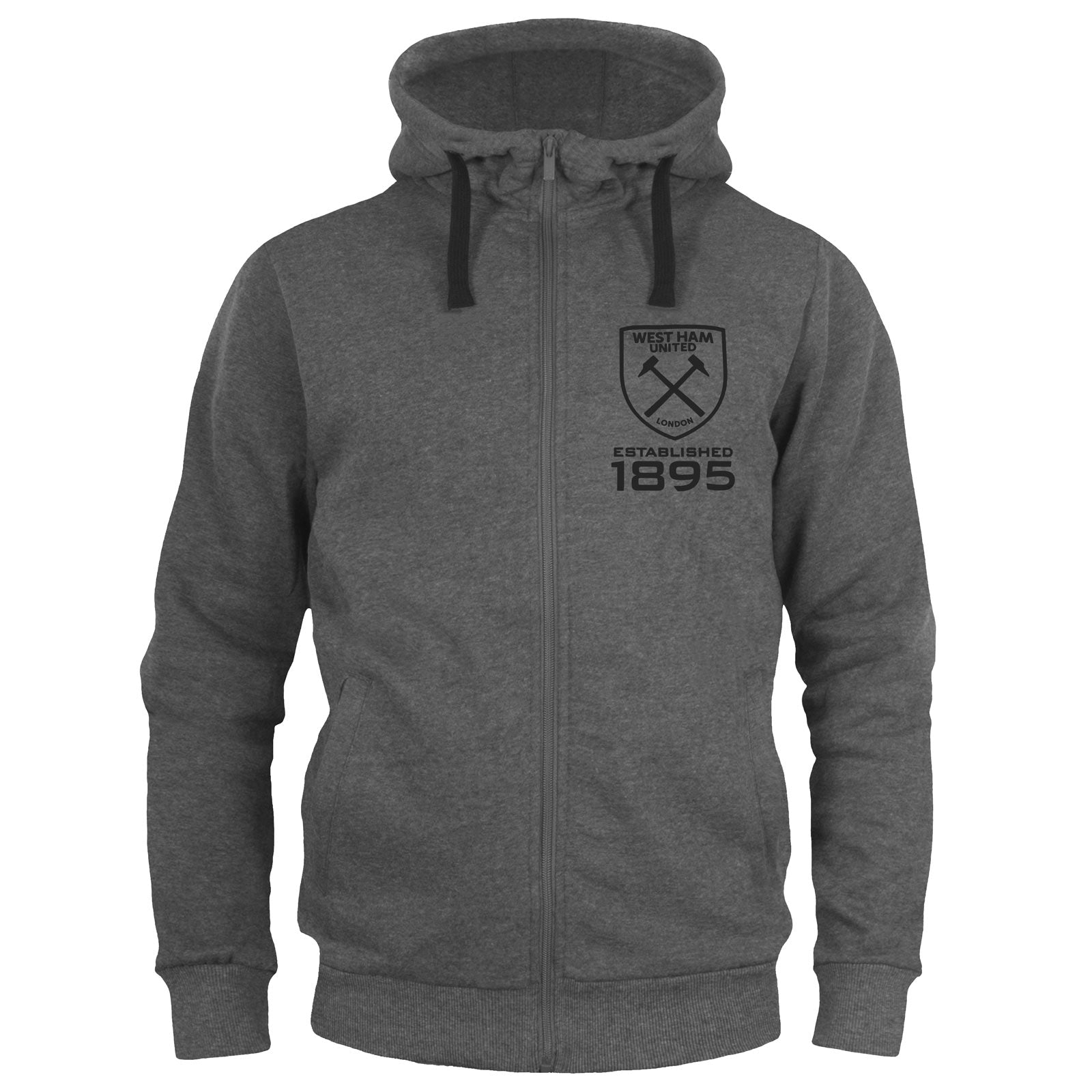 West Ham adults zip hoodie in black with club crest & text print to front.