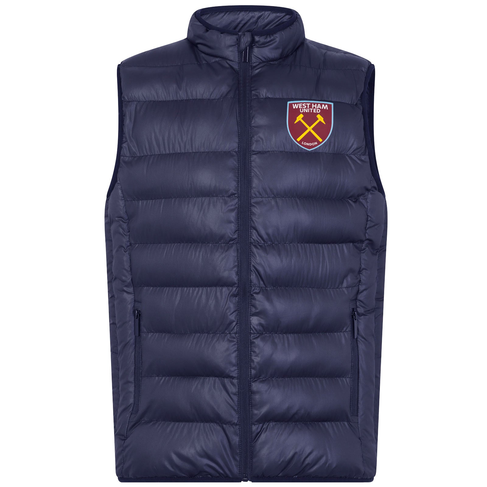 West Ham adults padded gilet in navy with full colour club crest to chest.