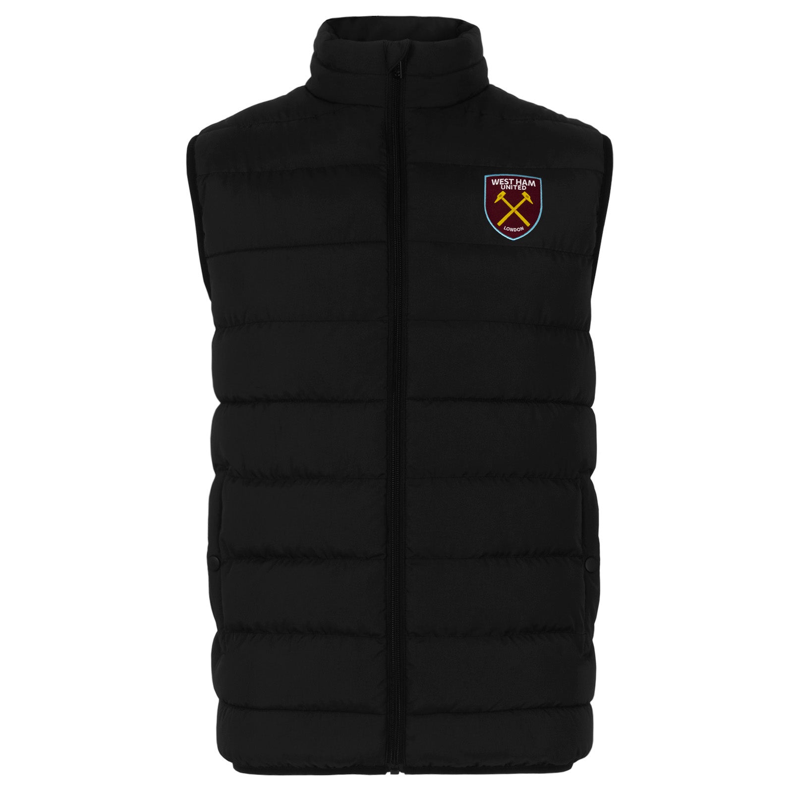 West Ham adults padded gilet in black with full colour club crest to chest.