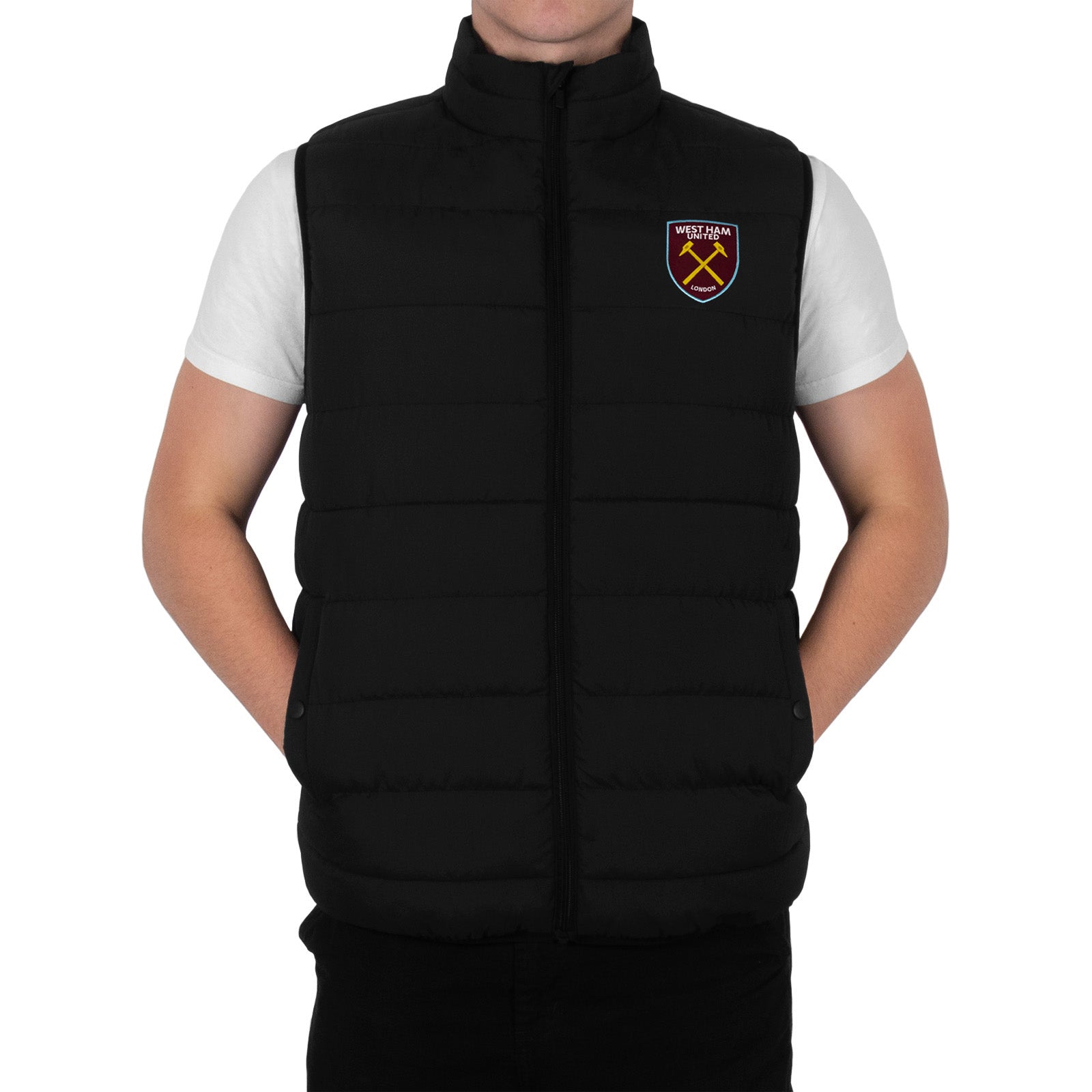 West Ham adults padded gilet in black with full colour club crest to chest.