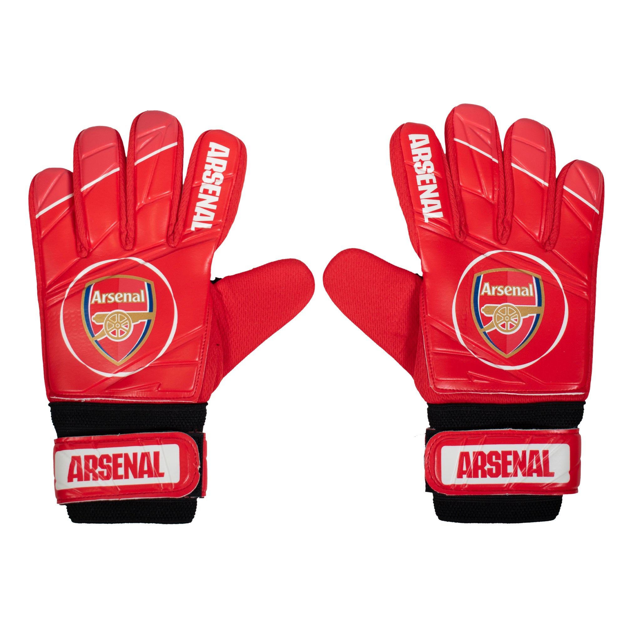 Arsenal red goalkeeper gloves with AFC crest & text print to each glove.