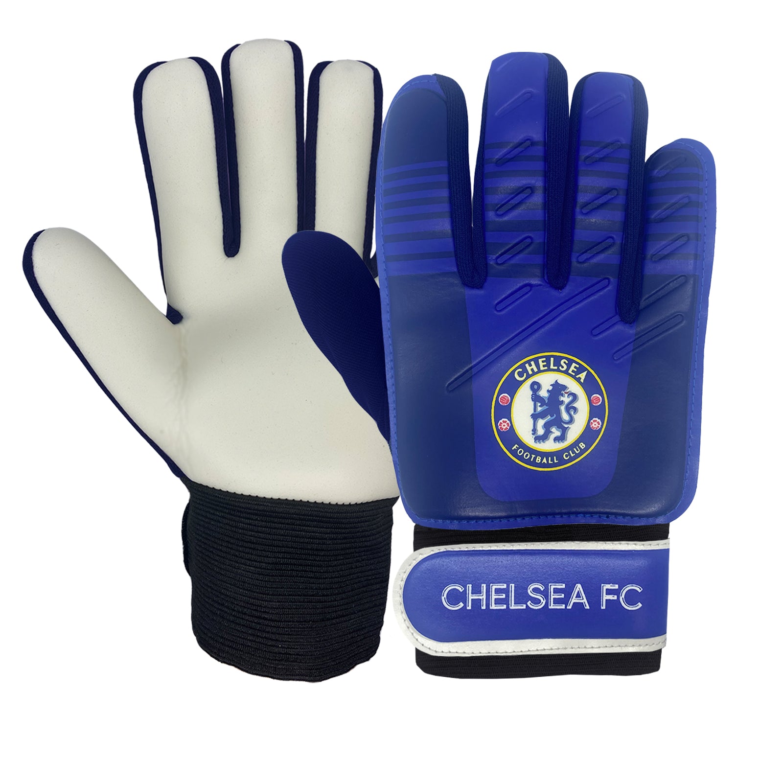 Chelsea blue goalkeeper gloves with CFC crest & text print to each glove