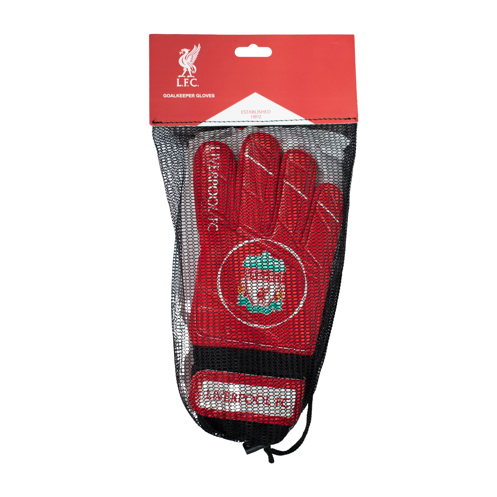 Liverpool red goalkeeper gloves with LFC crest & text print to each glove