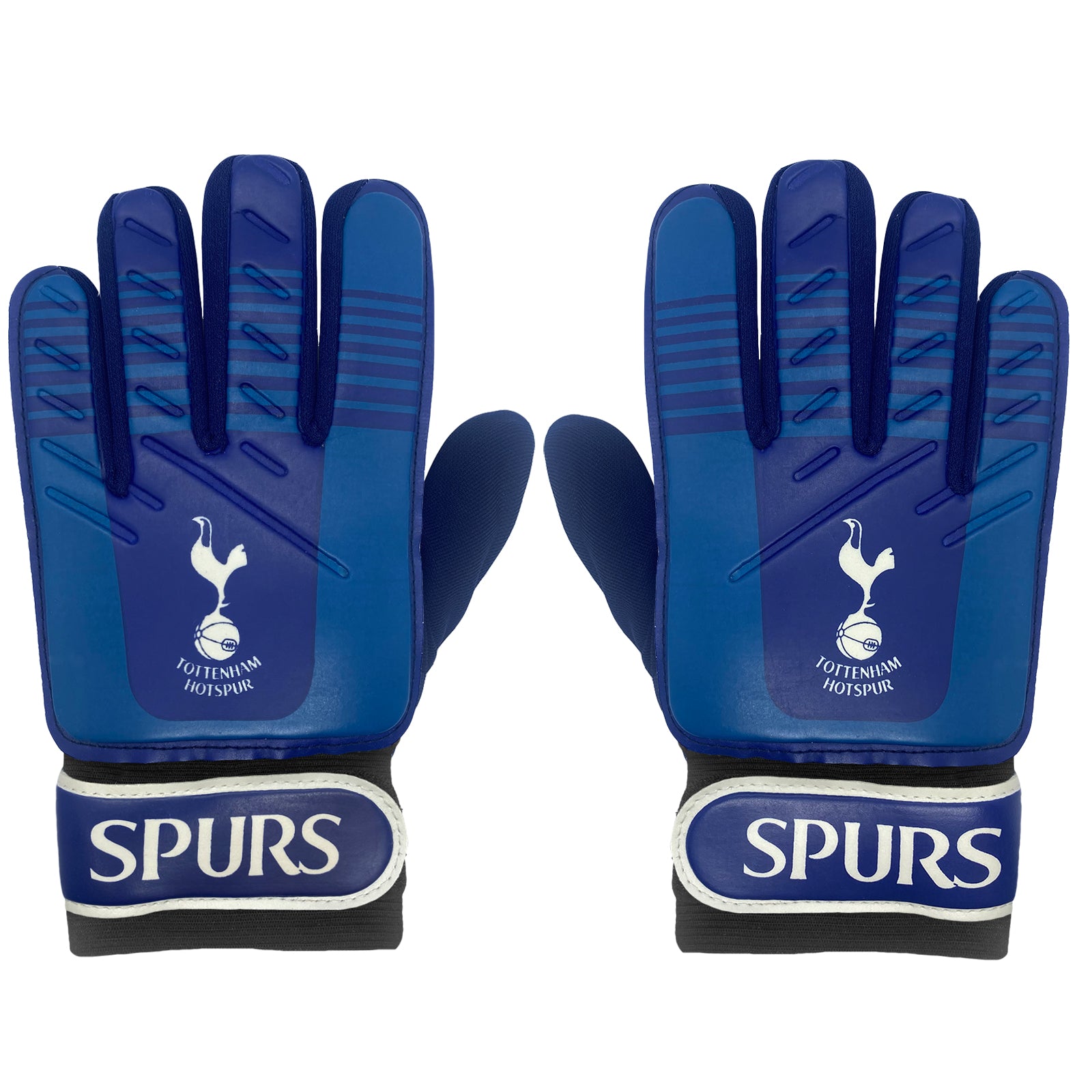 Spurs goalie gloves in blue gloves with THFC crest & text print to each glove.