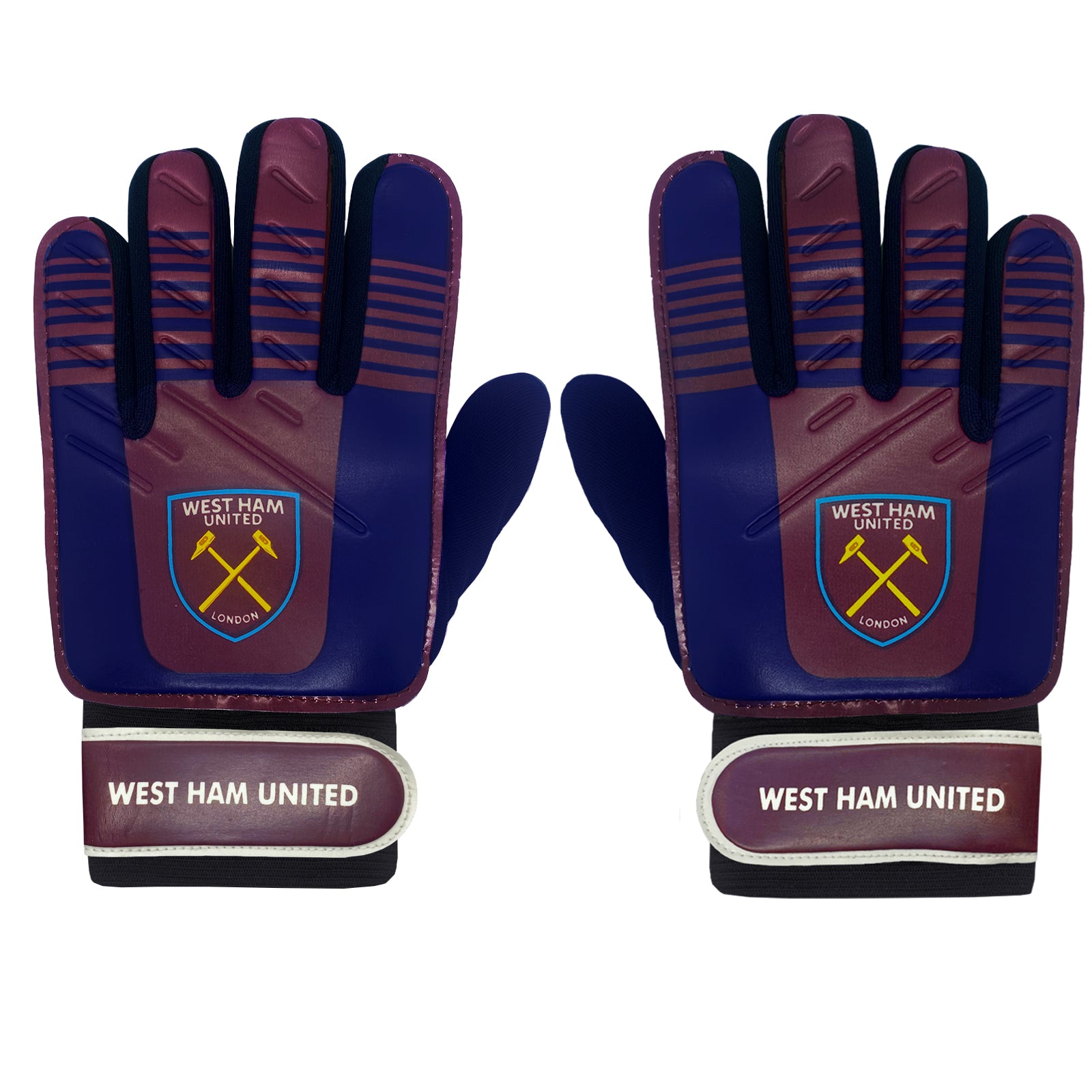 West Ham goalkeeper gloves. navy & claret gloves with WHUFC crest & text print to each glove