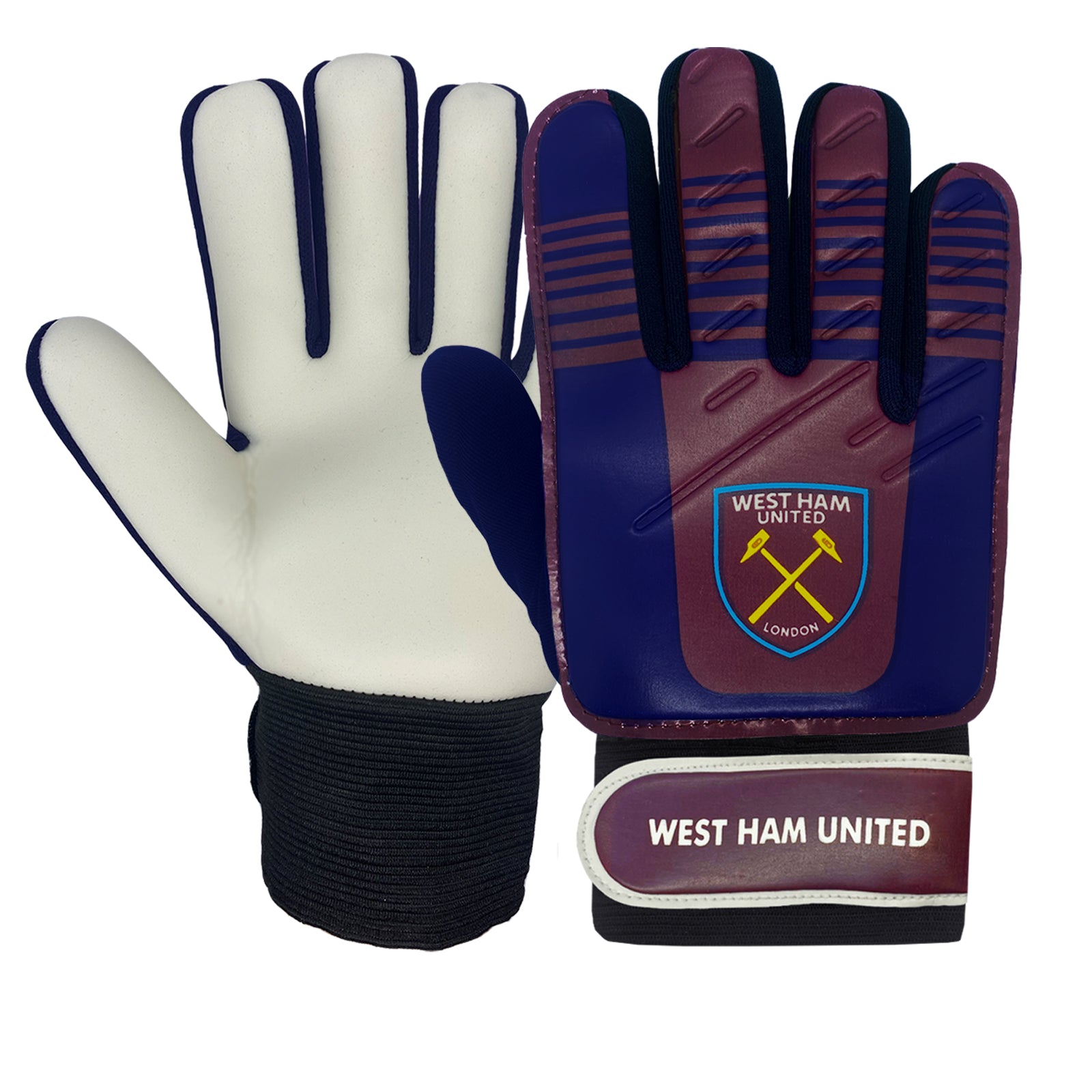 West Ham goalkeeper gloves. navy & claret gloves with WHUFC crest & text print to each glove