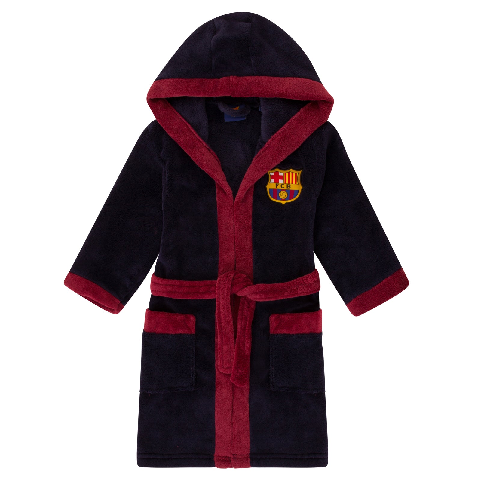 FC Barcelona kids hooded dressing gown in navy blue with FCB crest.