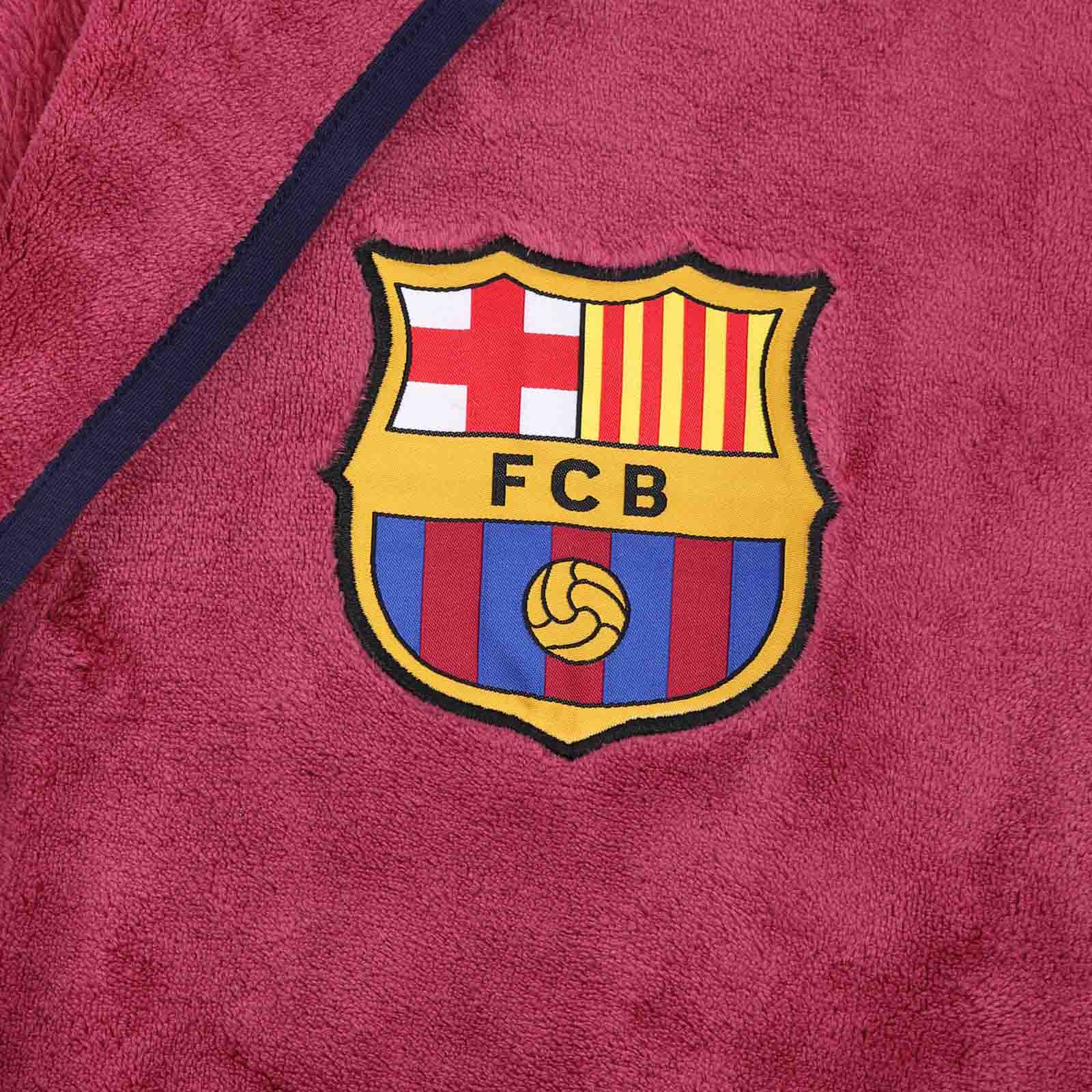 FC Barcelona kids hooded dressing gown in red with FCB crest.