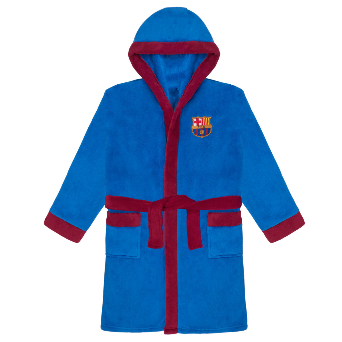 FC Barcelona kids hooded dressing gown in reflex blue with FCB crest.