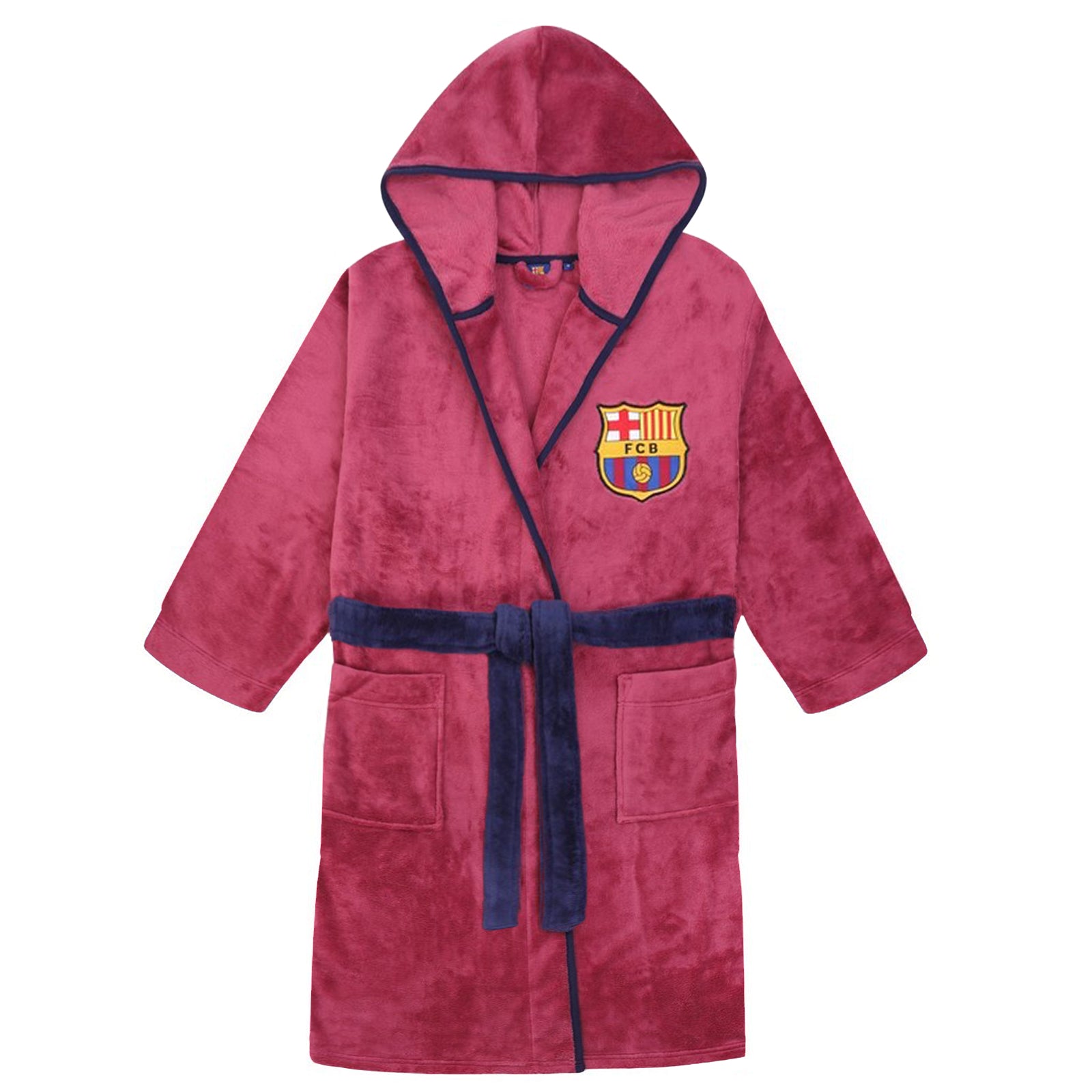 FC Barcelona kids hooded dressing gown in red with FCB crest.