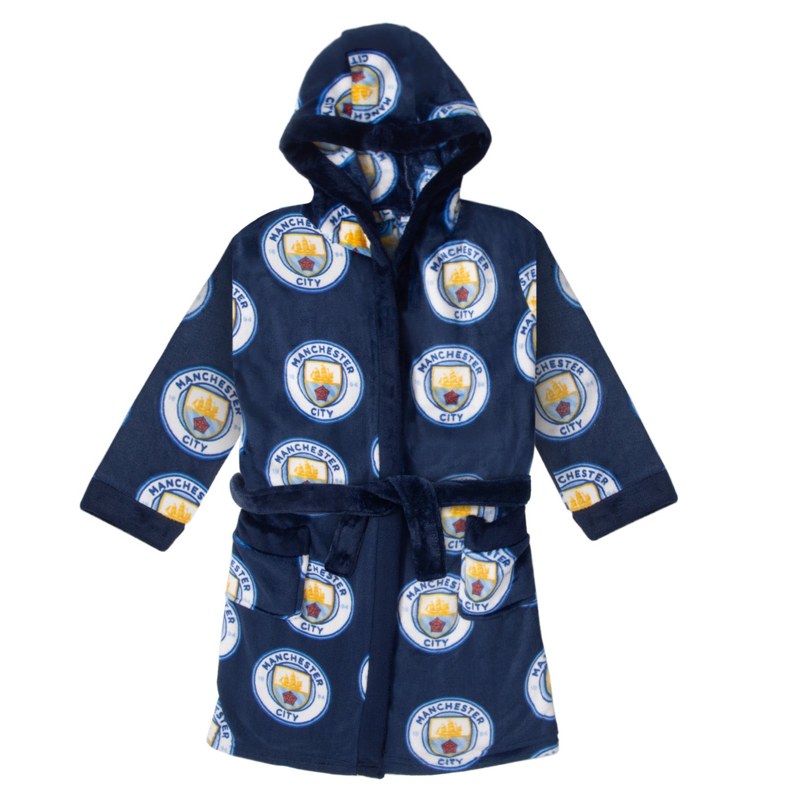 Man City kids hooded dressing gown in all over print crest