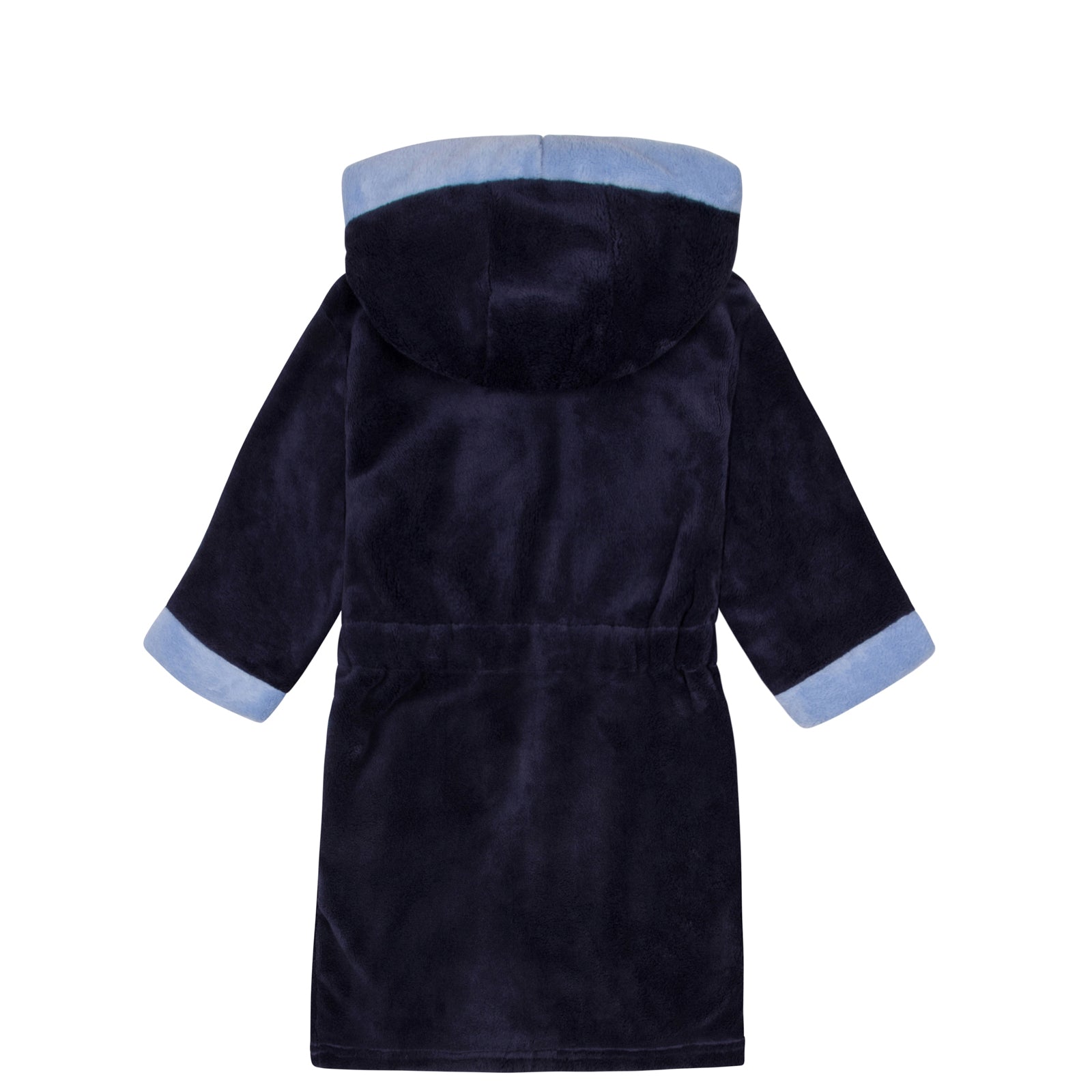 Man City kids hooded dressing gown in navy blue with crest.