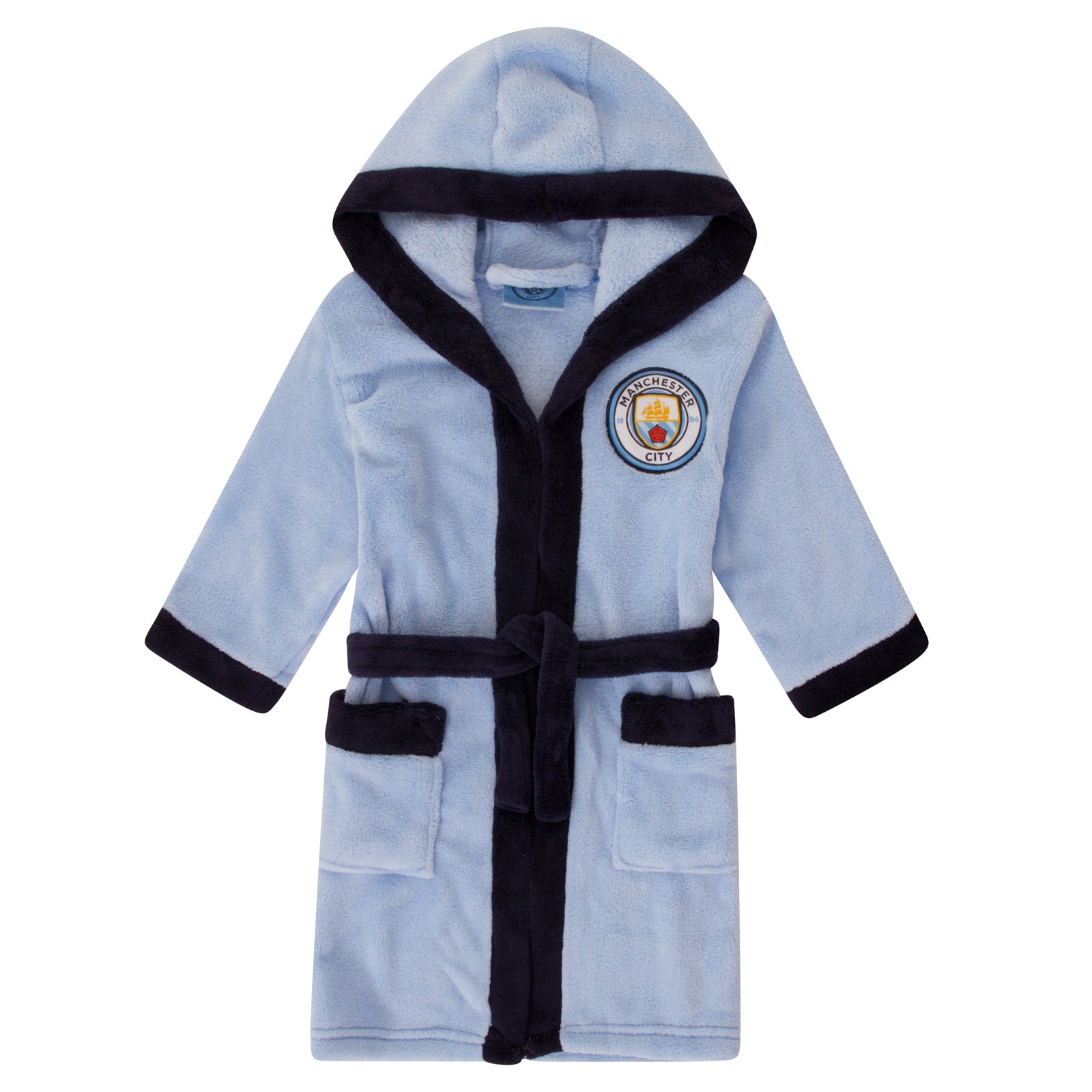 Man City kids hooded dressing gown in sky blue with crest.