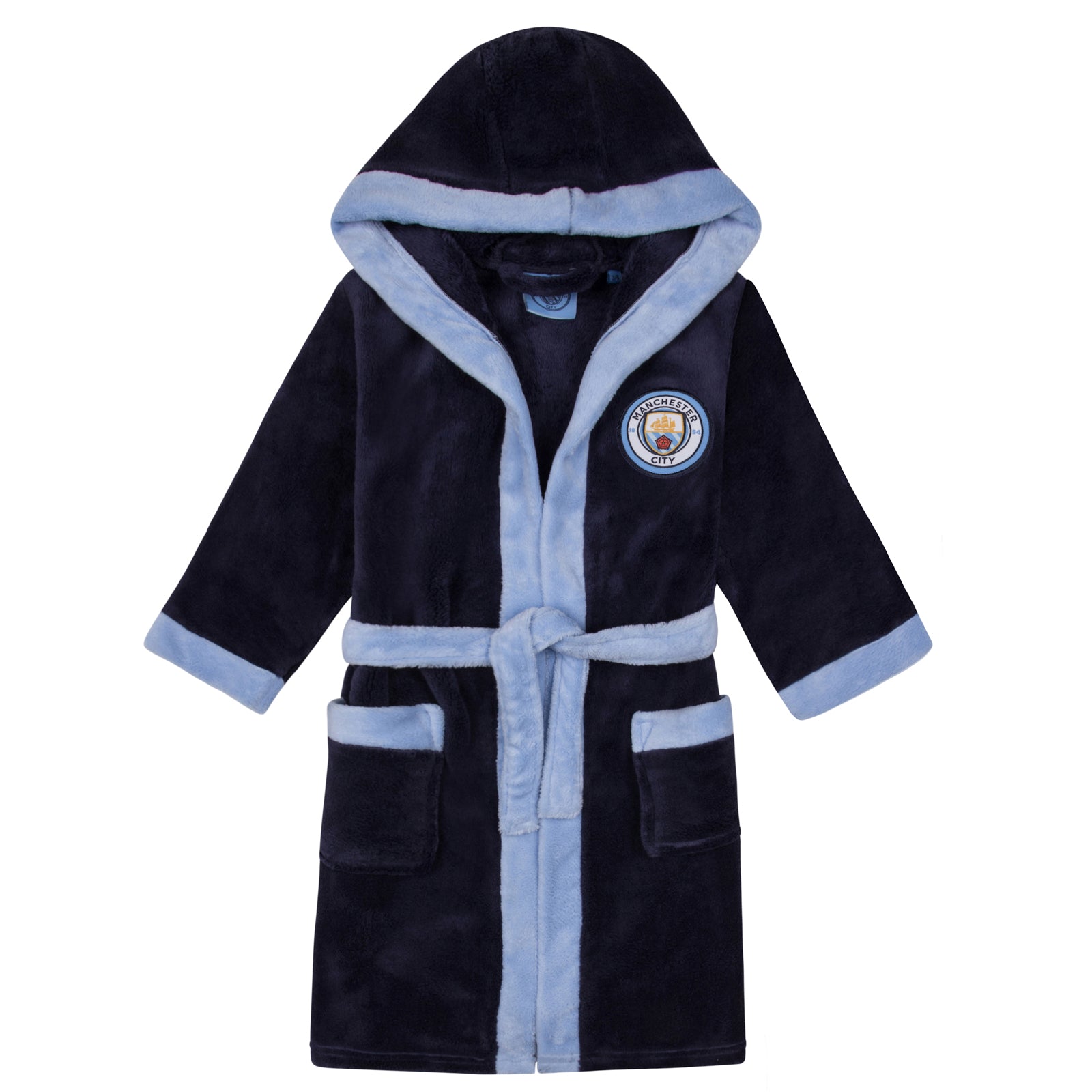 Man City kids hooded dressing gown in navy blue with crest.