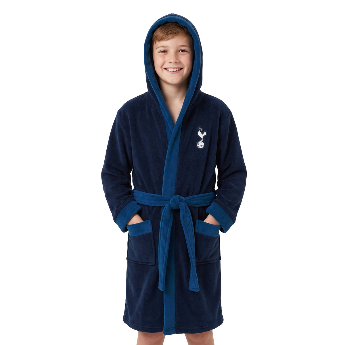 Spurs kids hooded dressing gown in navy blue with a Spurs crest.
