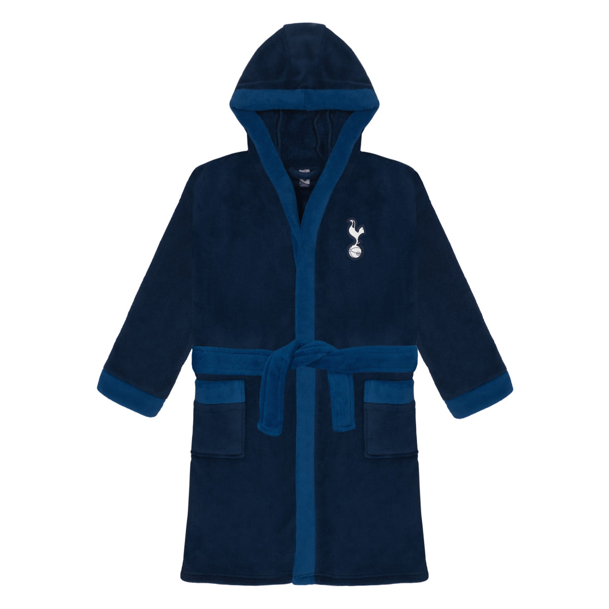 Spurs kids hooded dressing gown in navy blue with a Spurs crest.
