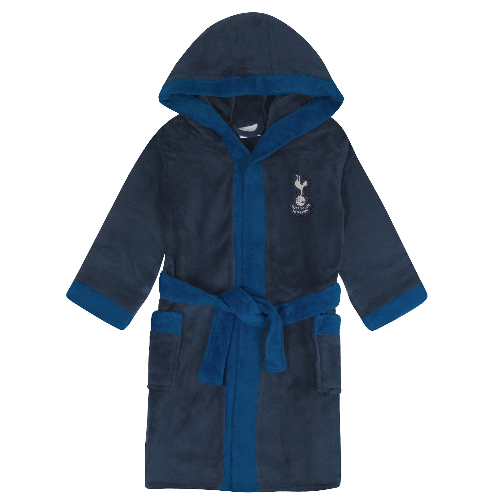 Spurs kids hooded dressing gown in navy blue with a Spurs crest.