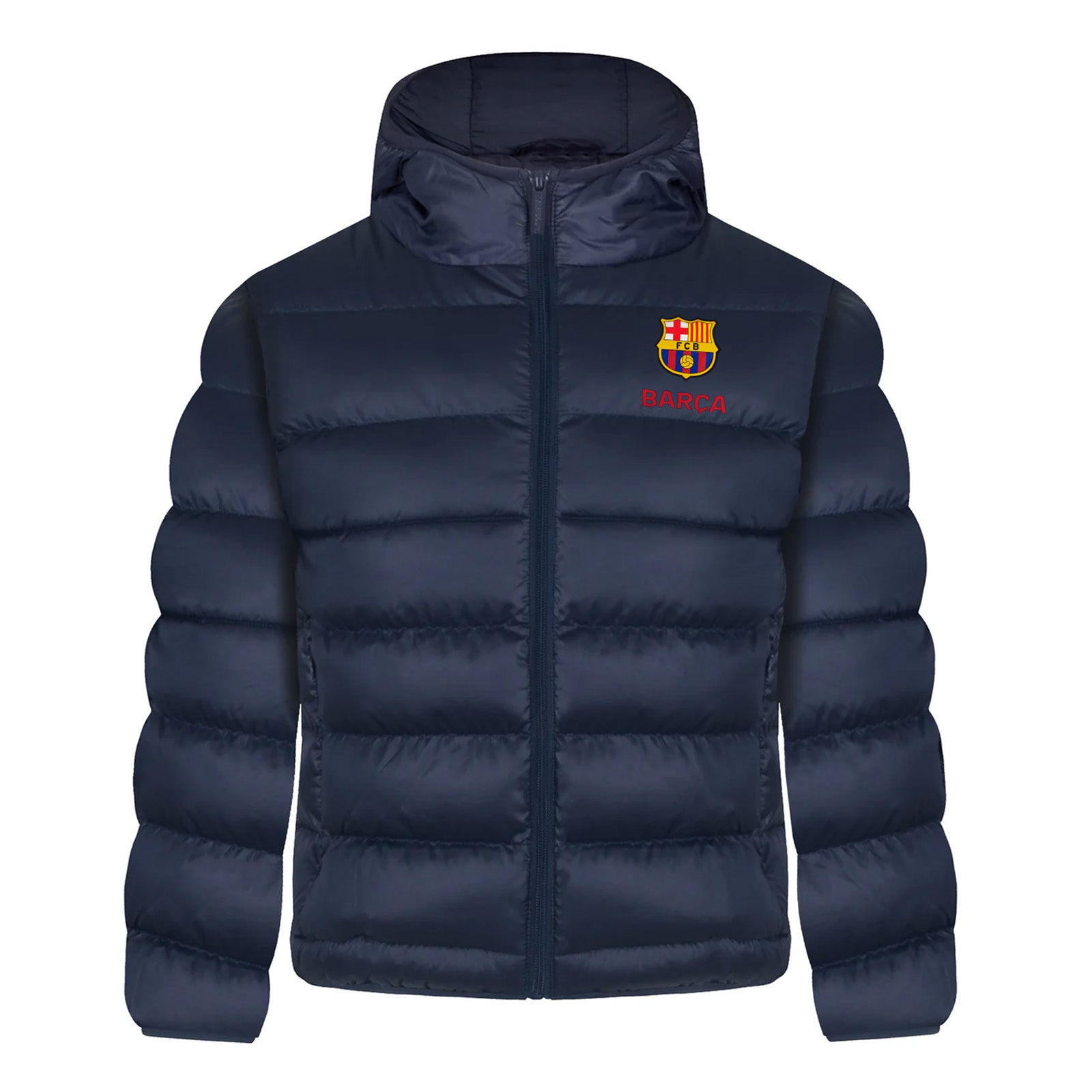 FC Barcalona kids quilted jackets in navy blue with club crest to chest.