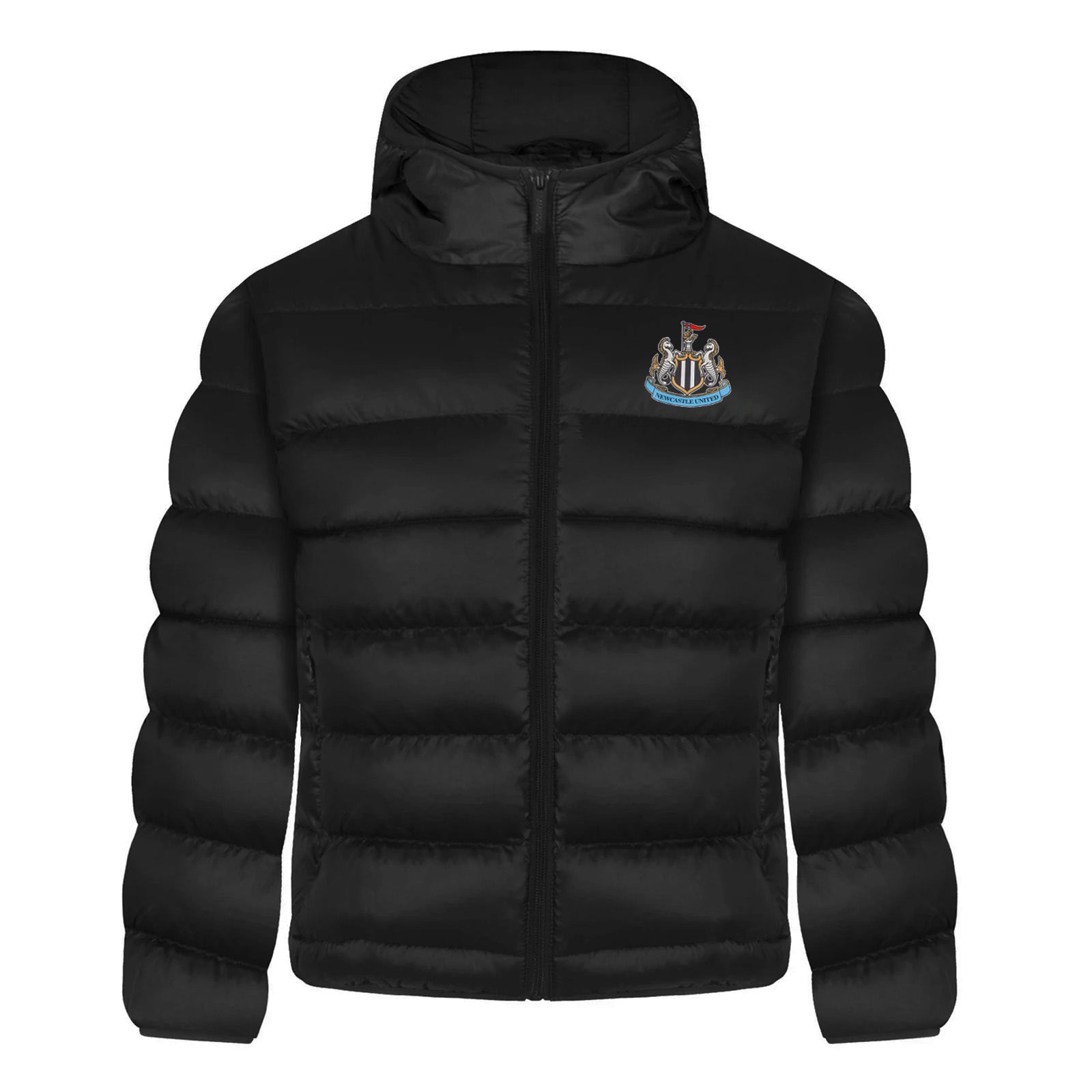 Newcastle United kids quilted jacket in black with club crest to chest.