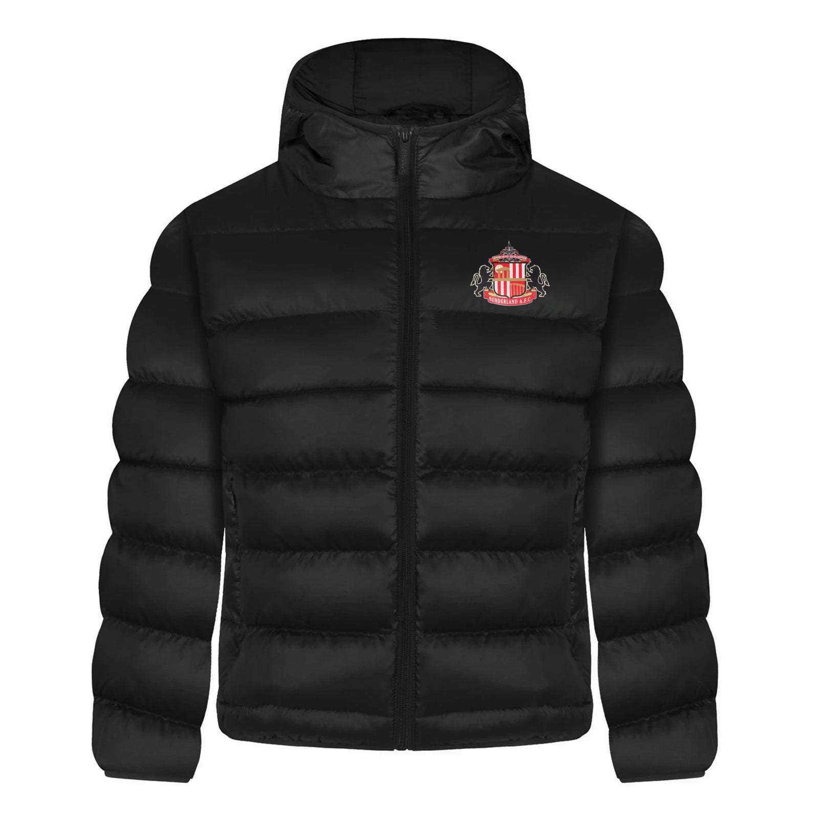 Sunderland kids quilted jacket in black with club crest to chest.