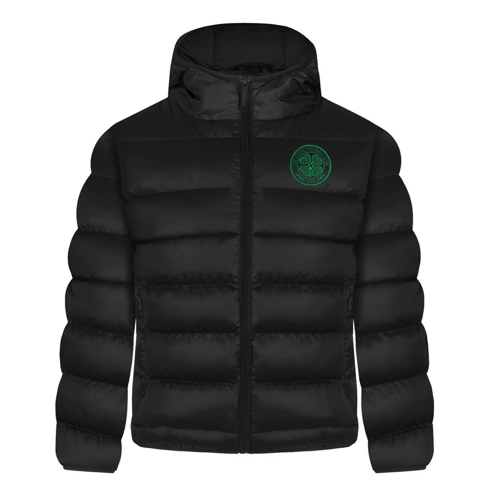 Celtic kids quilted jacket in black with club crest to the left of the chest.