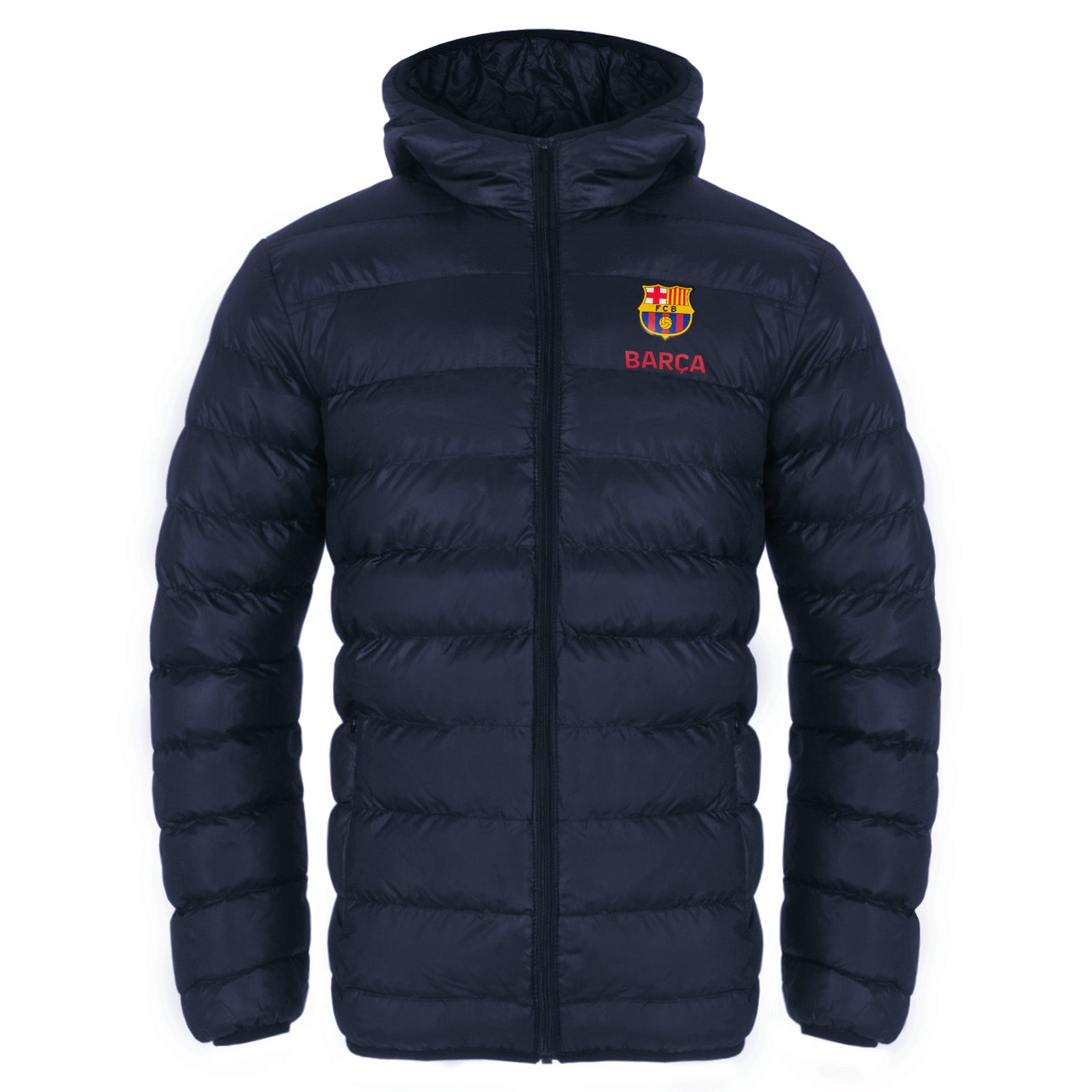 FC Barcalona adults quilted jackets in navy blue with FCB club crest to chest.