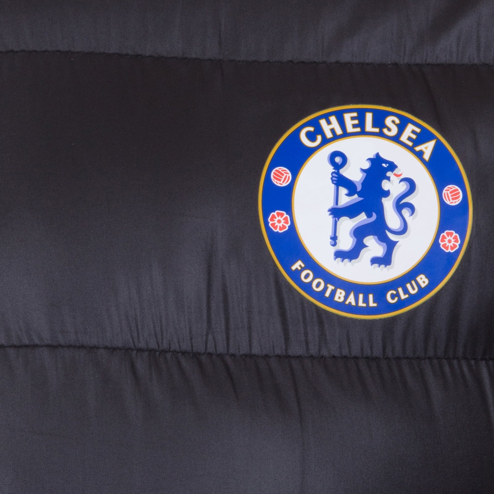 Chelsea adults quilted jacket in black with club crest to chest.