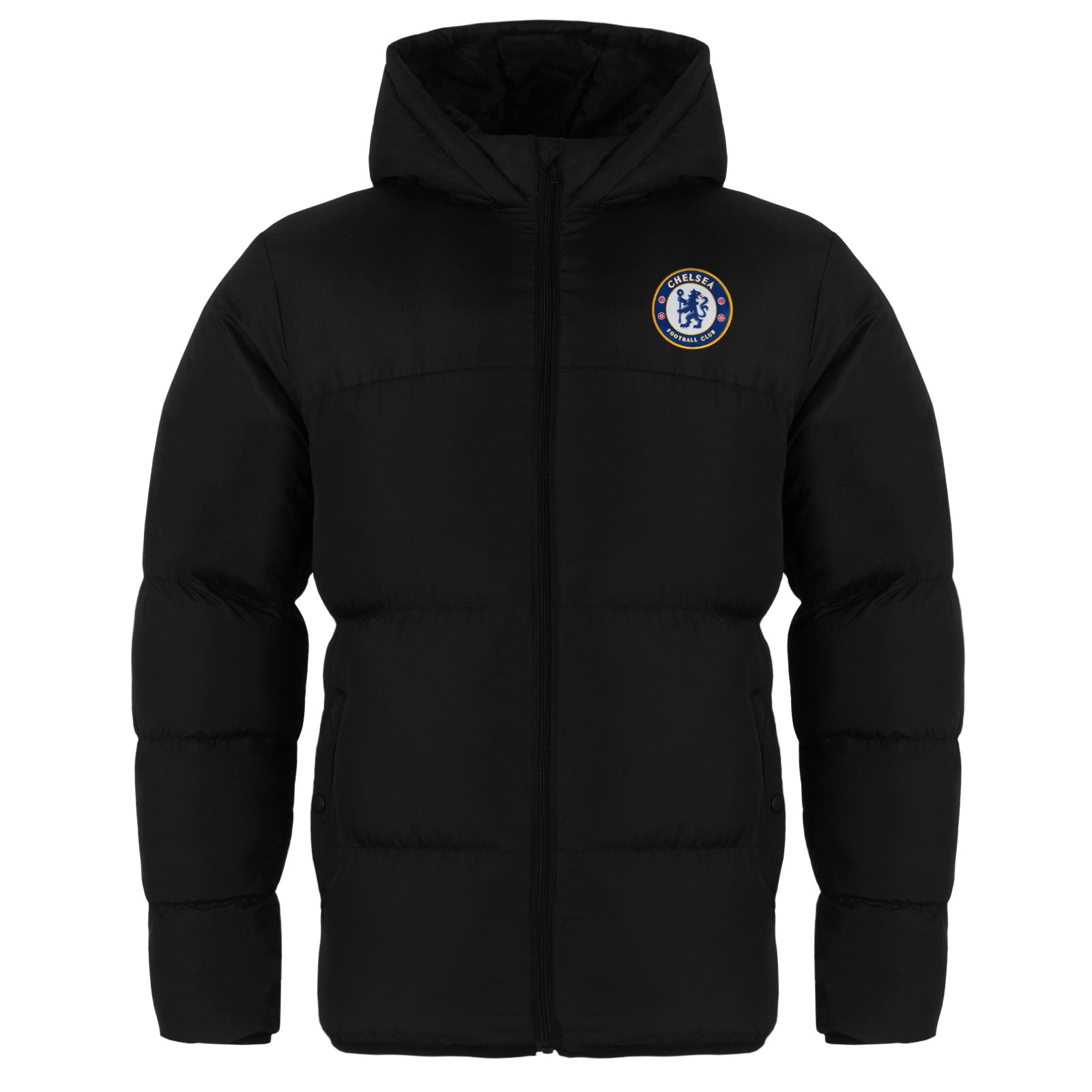 Chelsea adults quilted jacket winter coat in black with club crest to chest.