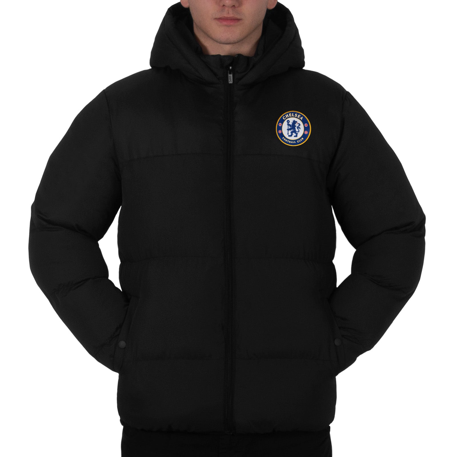 Chelsea adults quilted jacket winter coat in black with club crest to chest.