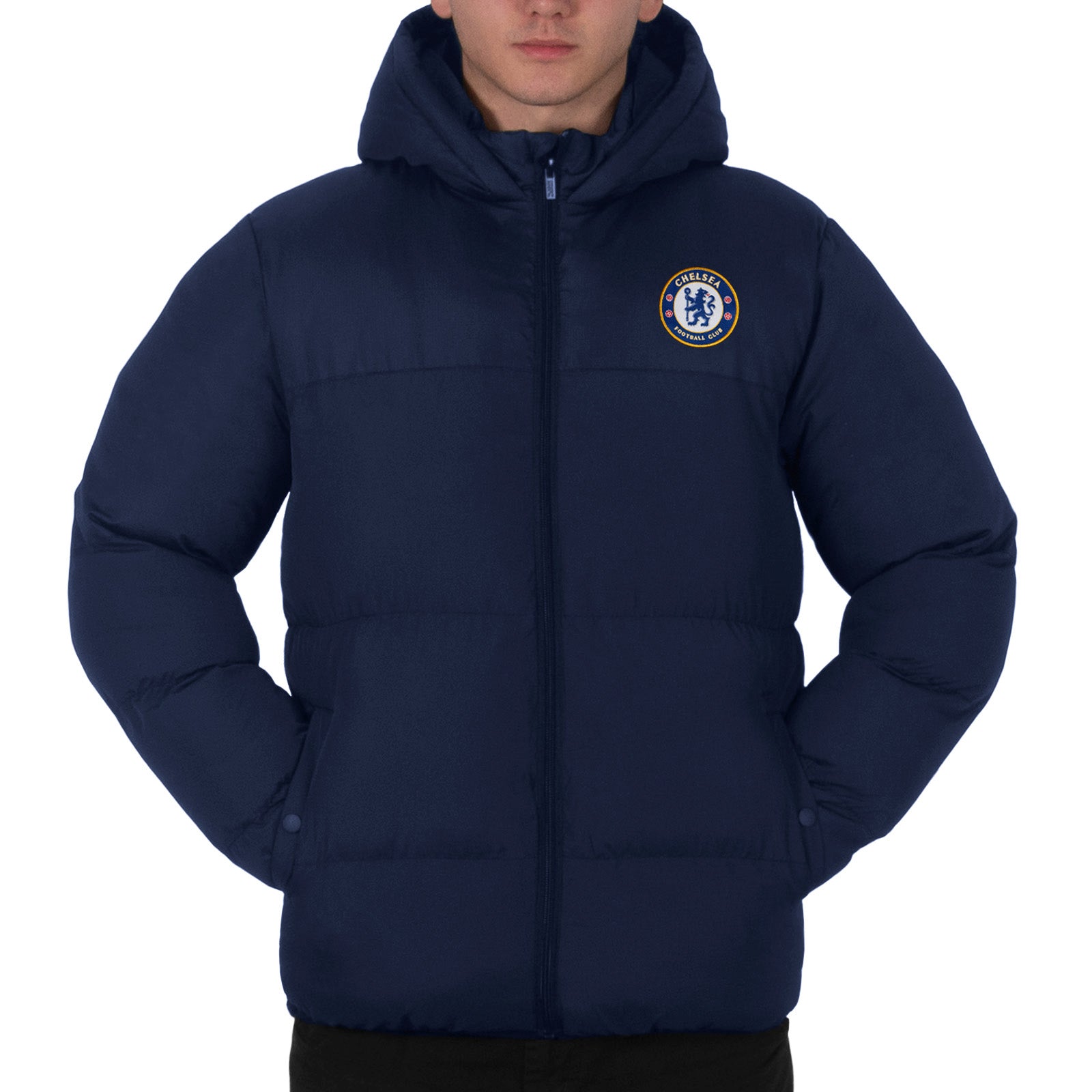 Chelsea adults quilted jacket winter coat in navy with club crest to chest.
