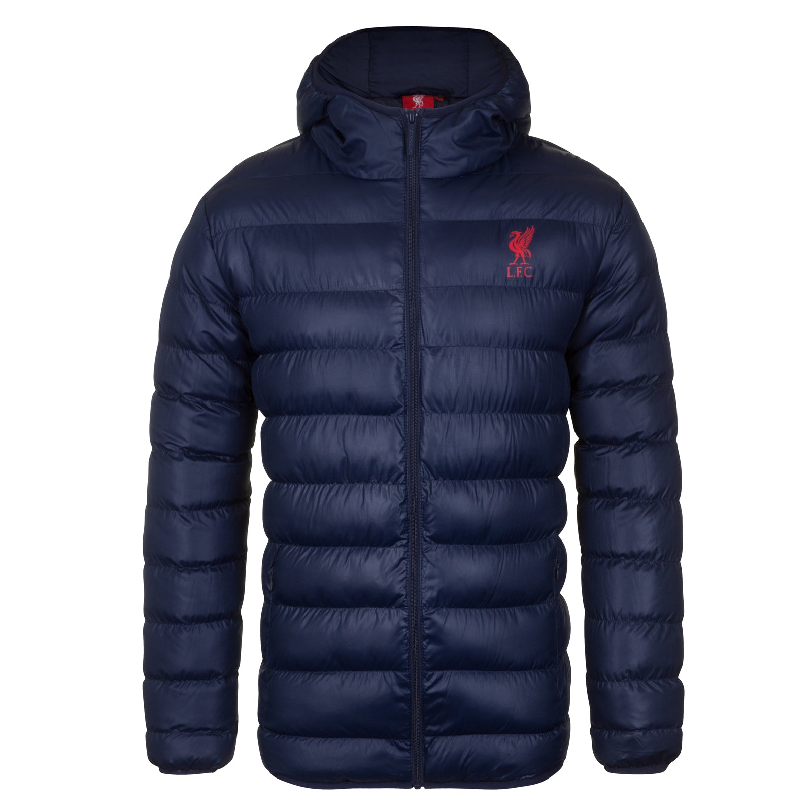 Liverpool adults quilted jacket in navy blue with club crest to chest.