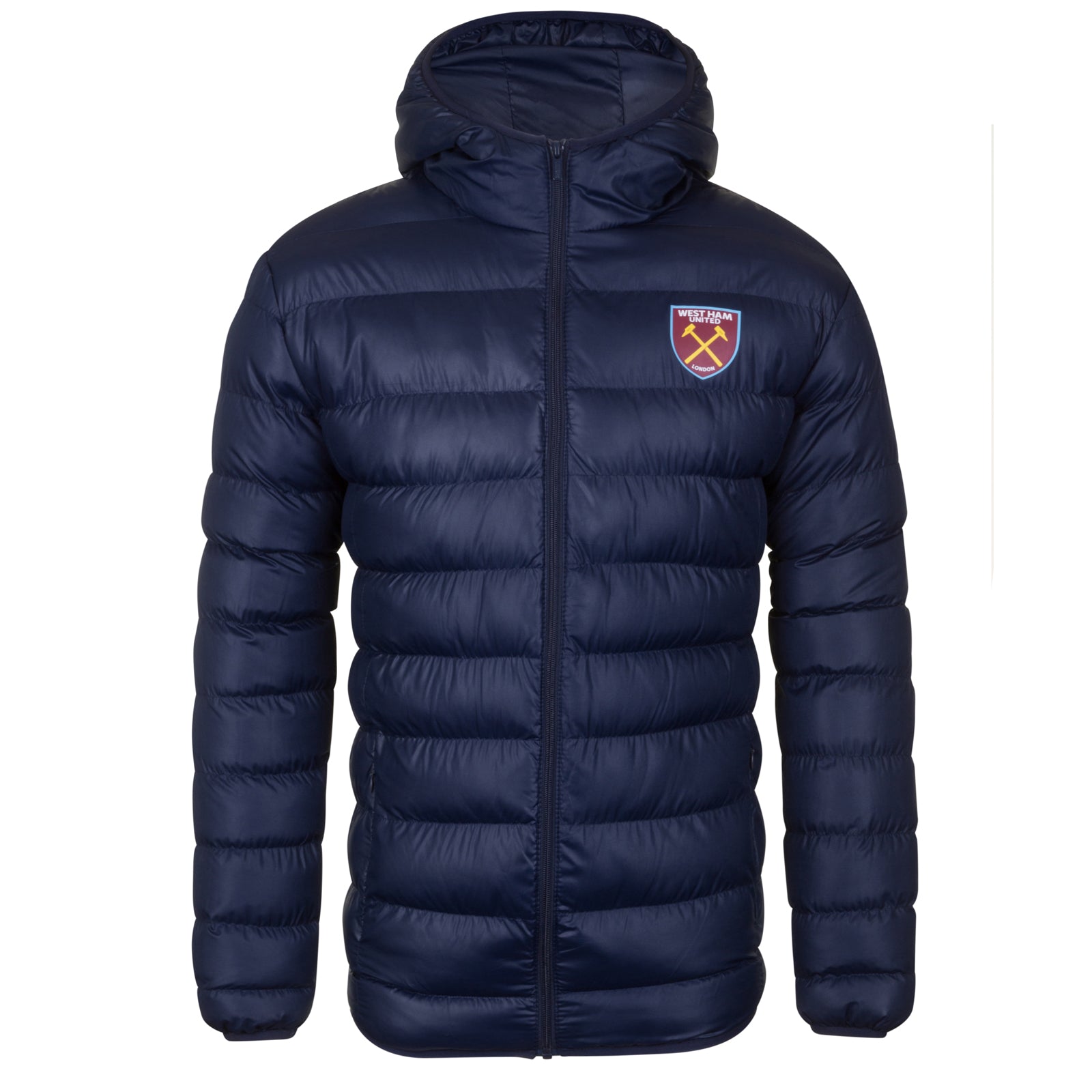 West Ham adults quilted jacket in navy blue with club crest to chest.