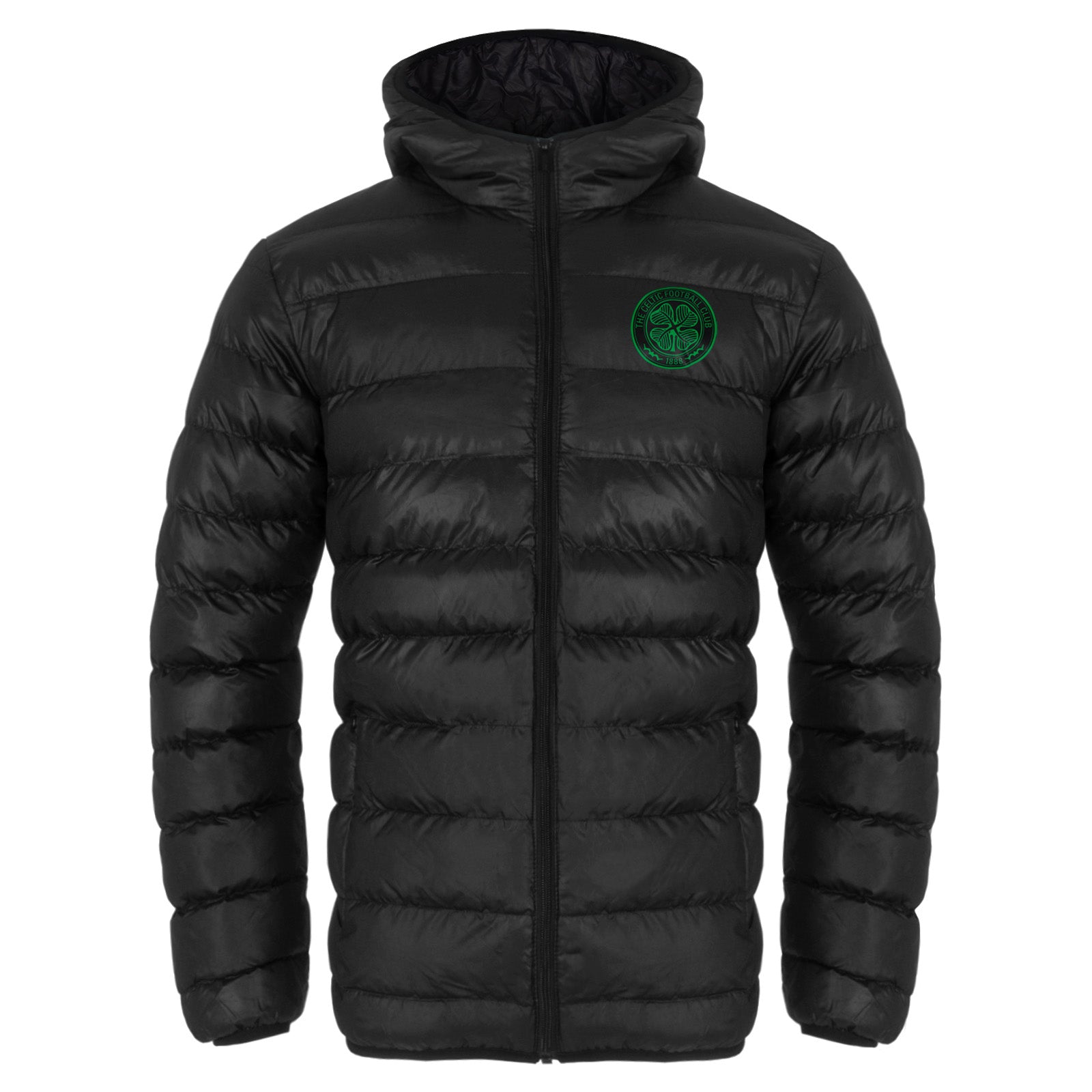 Celtic adults quilted jacket in black with club crest to the left of the chest.