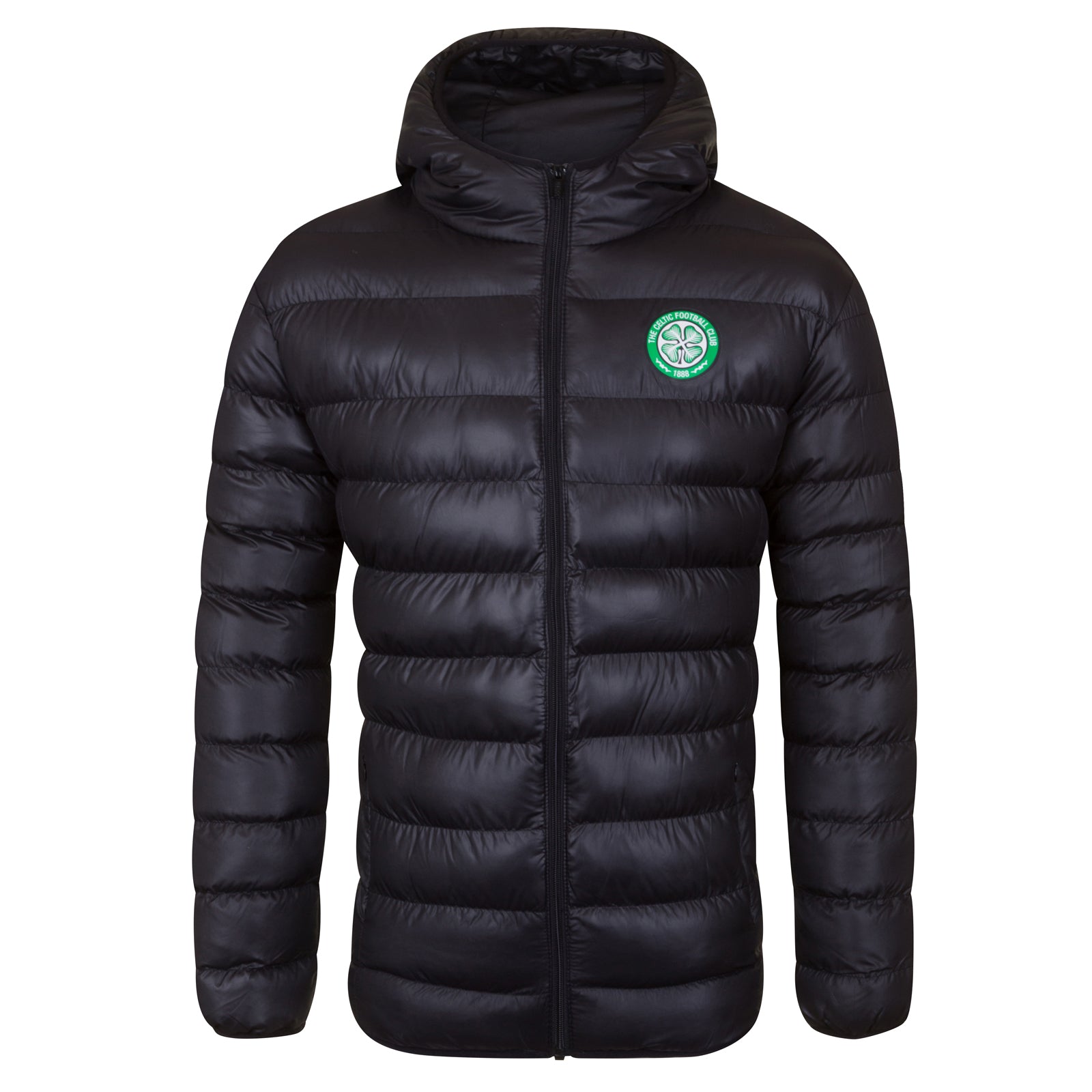 Celtic adults quilted jacket in black with club crest to the left of the chest.