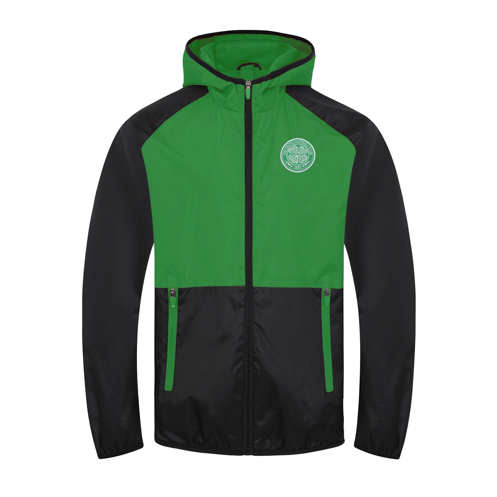 Celtic half zip kids shower jacket in black with club crest to front.