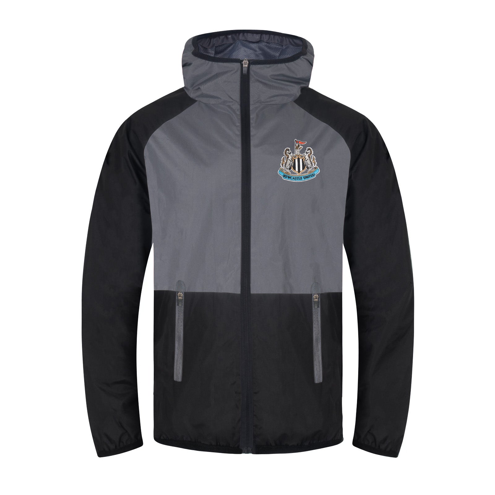 Newcastle Utd adults shower jacket in black & grey with club crest to chest .