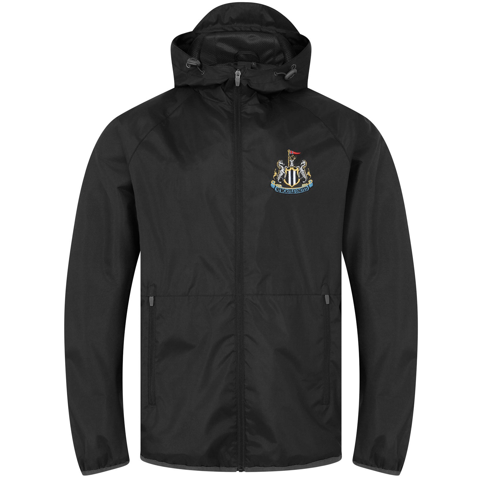 Newcastle Utd adults hooded shower jacket in black with club crest to chest .