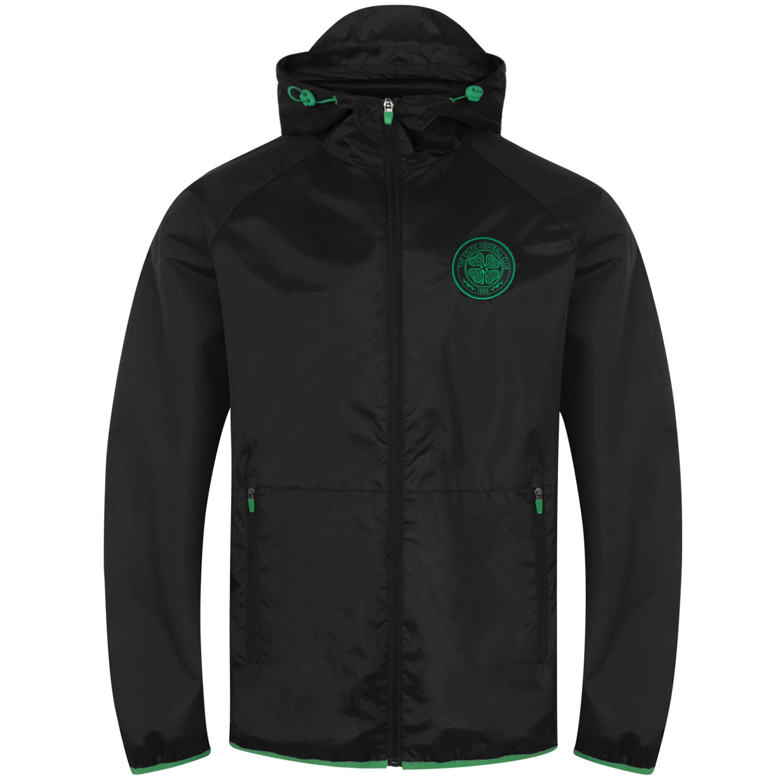 Celtic adults hooded shower jacket in black with club crest to chest