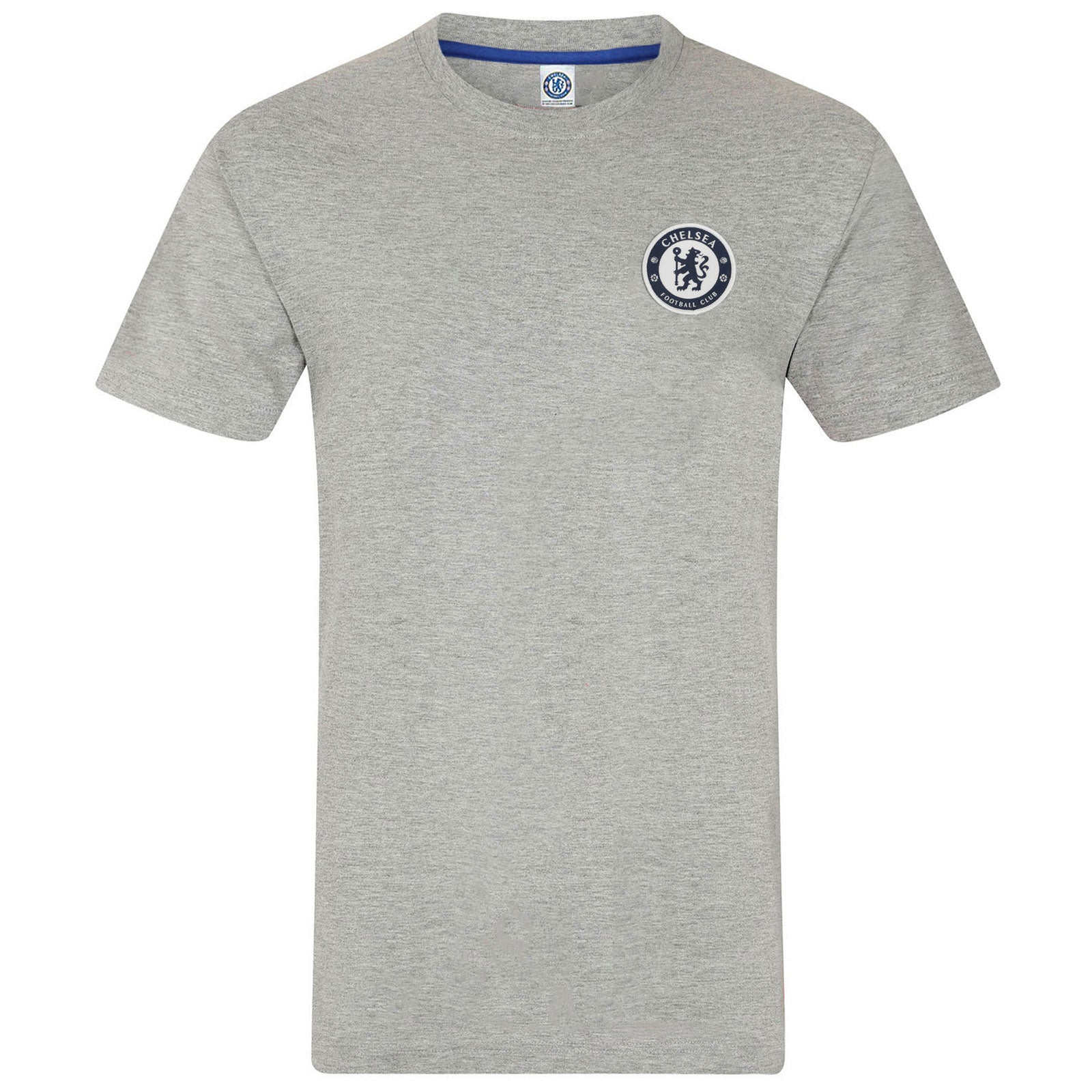 Chelsea adults T-shirt; in grey with large club crest & text print to front.