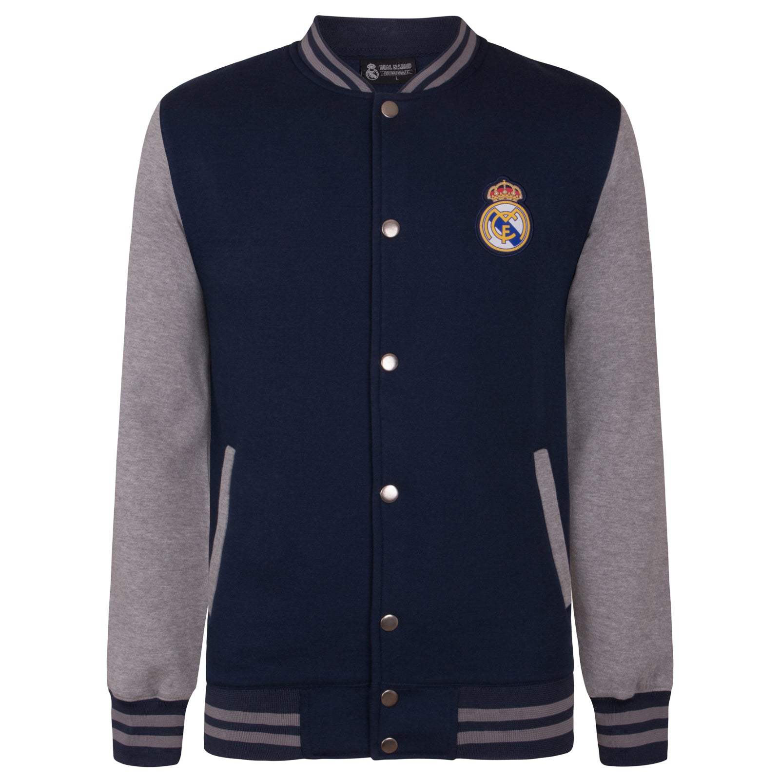 Real Madrid kids retro varsity jacket, fleece in navy blue with club crest to chest.