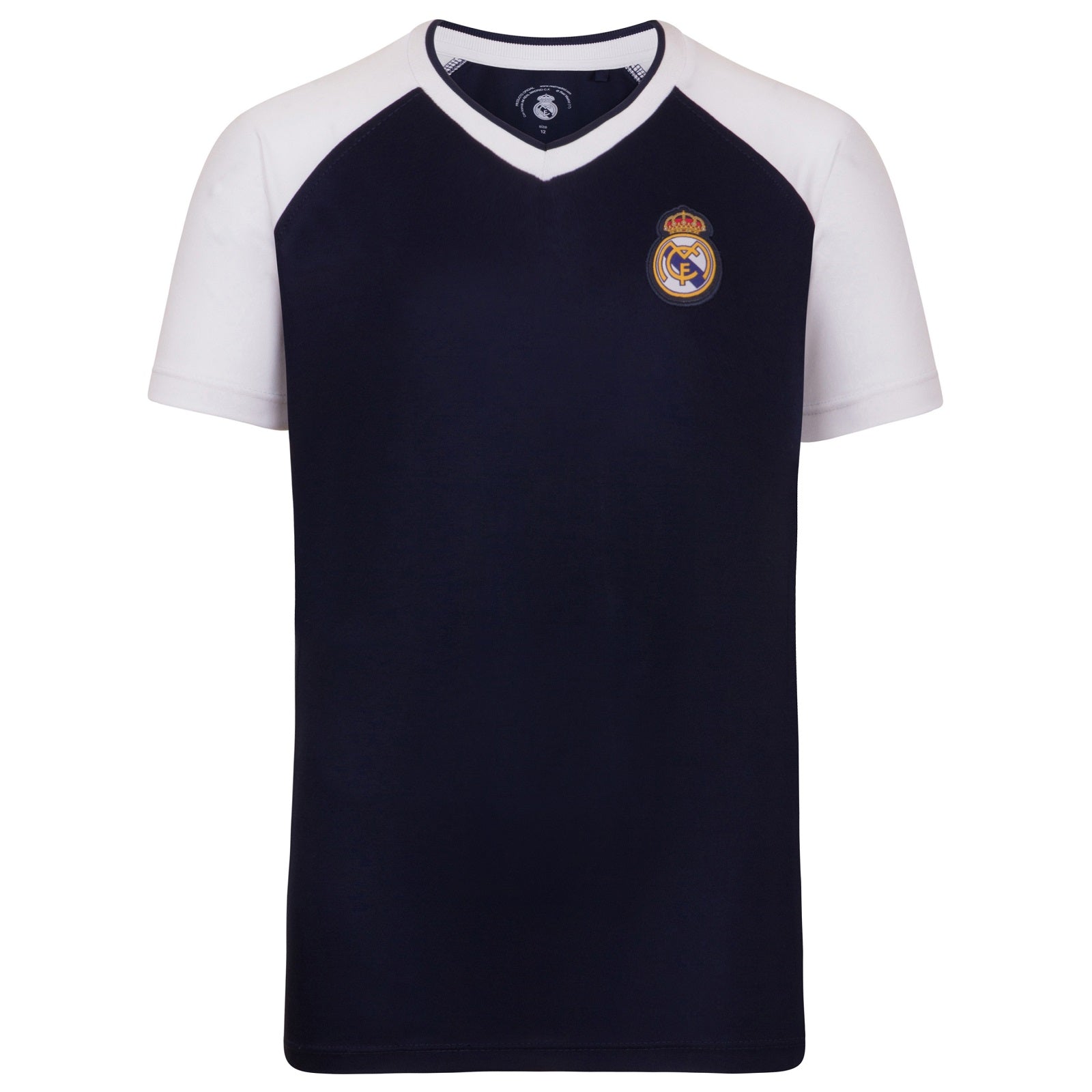 Real Madrid kids V-neck T-shirt in navy blue with woven club crest to chest