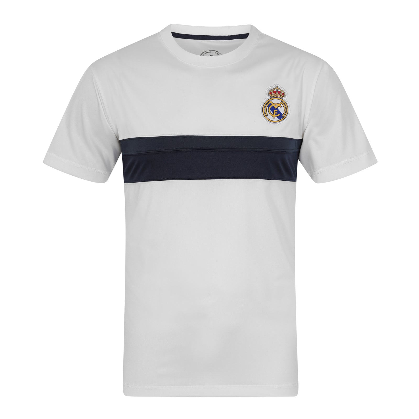 Real Madrid adults T-shirt in white & black stripe with woven club crest to chest