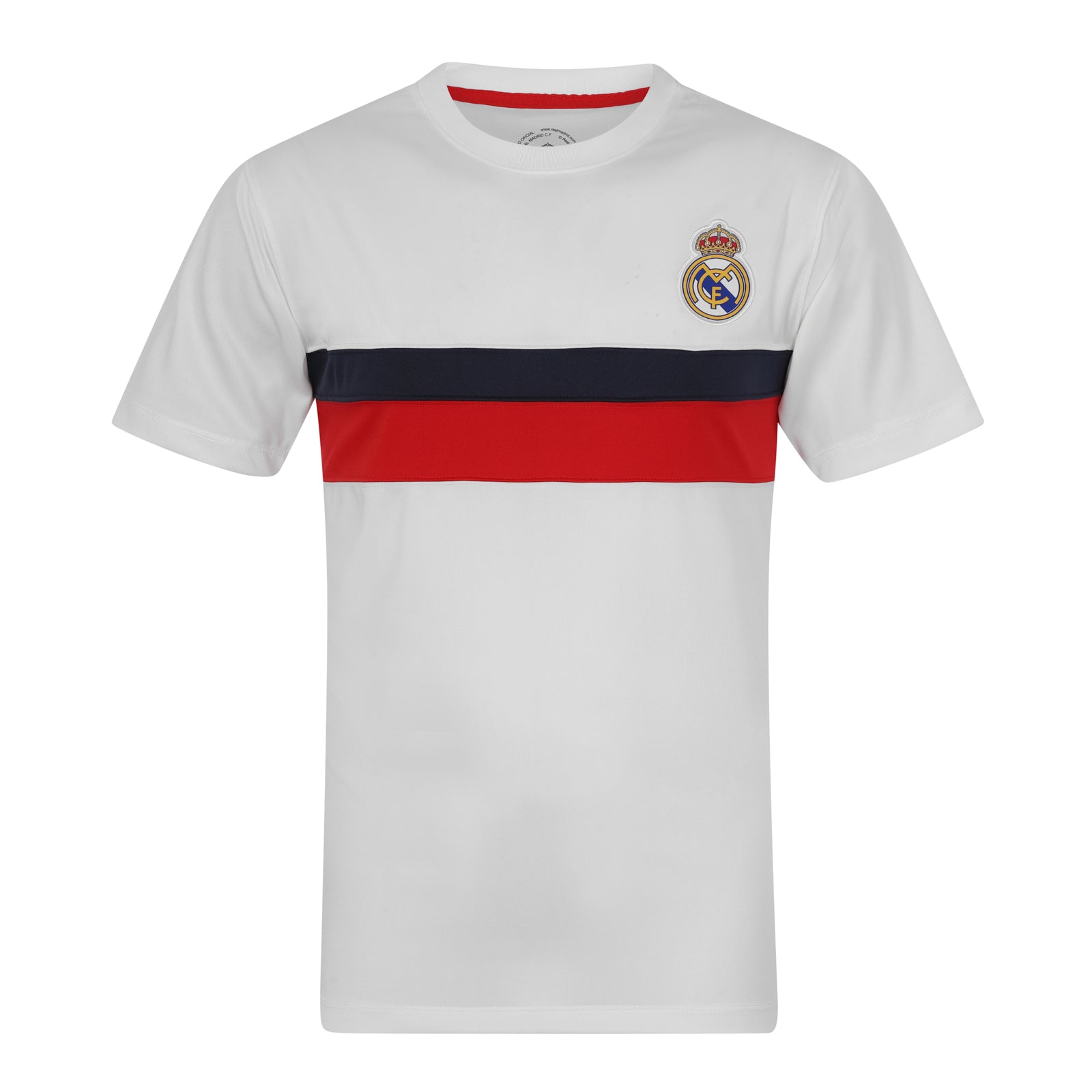 Real Madrid adults T-shirt in white & red stripe with woven club crest to chest