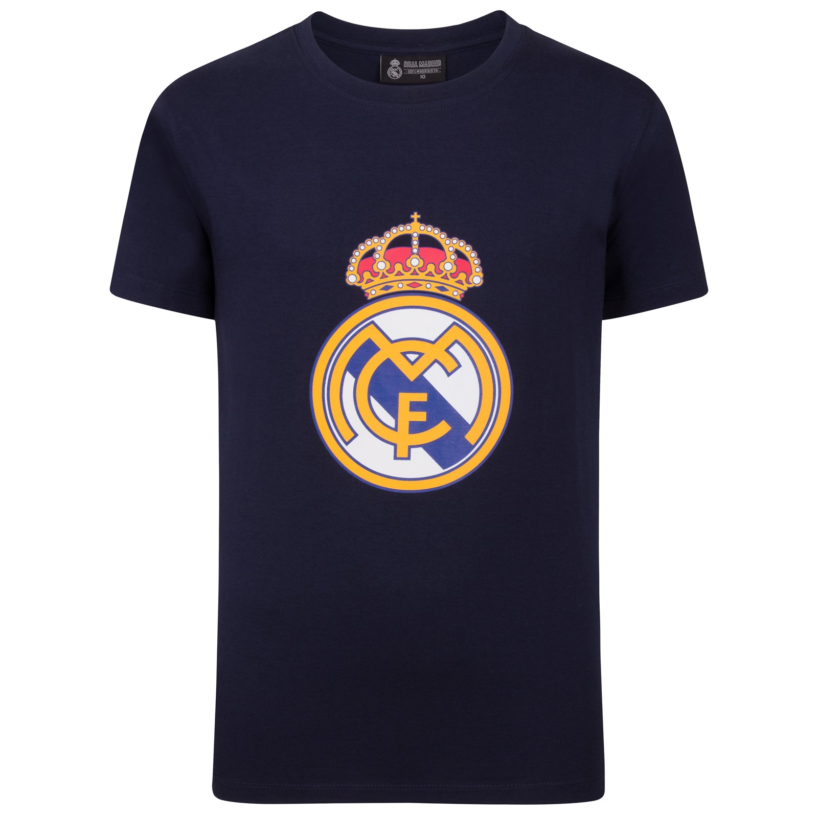 Real Madrid kids T-shirt in navy blue with large club crest print to front.