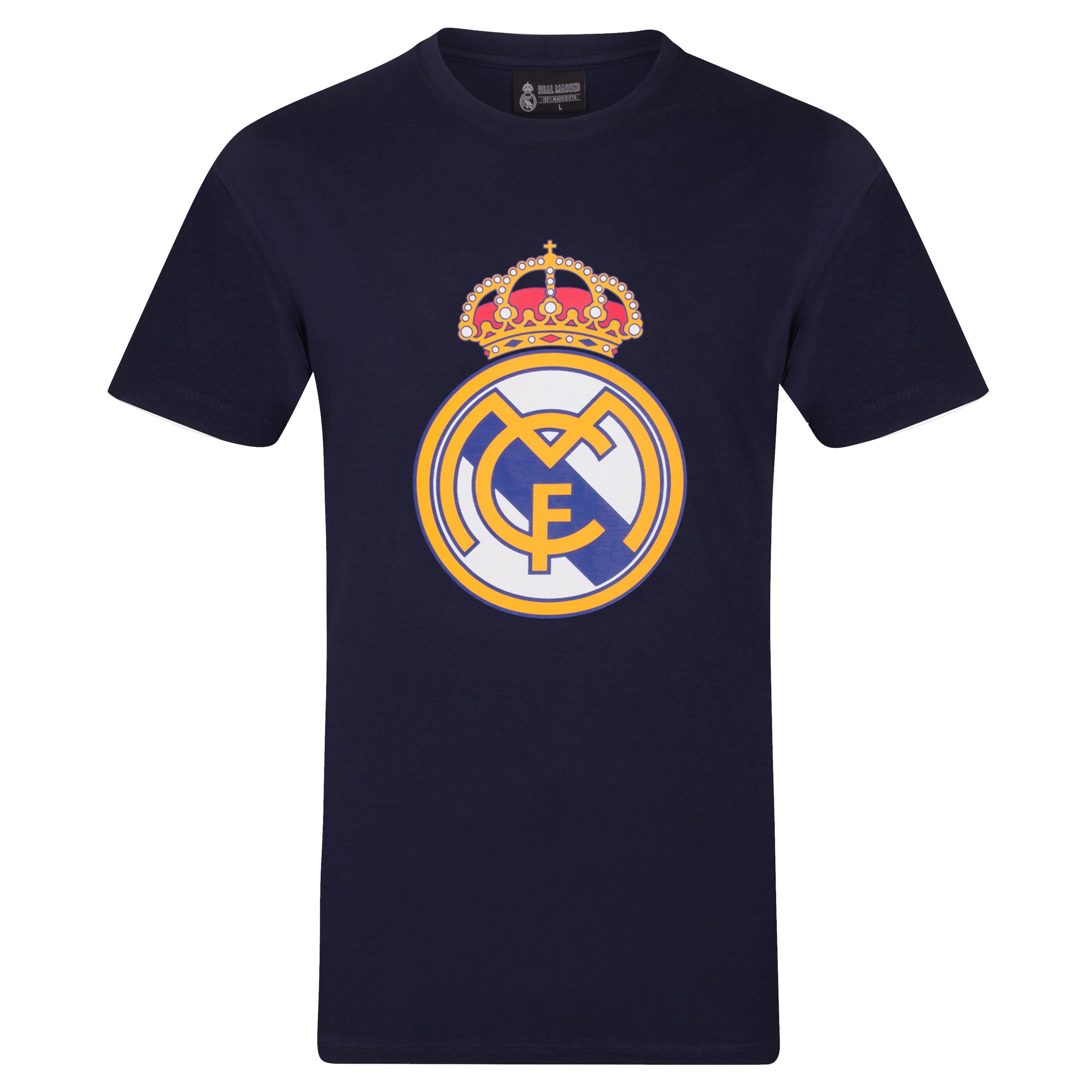 Real Madrid adults T-Shirt in navy blue with large crest print and text to front.